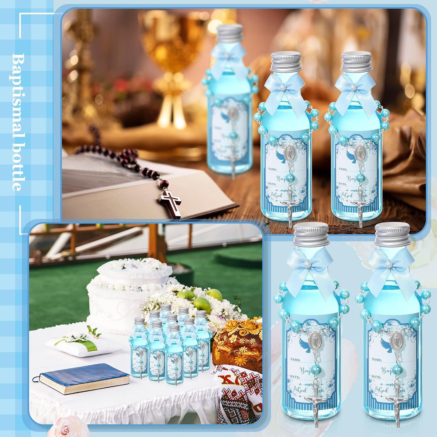 FillTouch 12 Sets Catholic Holy Water Bottle Baptism Rosary Set Baptism Favors 1.7oz Christian Water Container Empty Glass Holy Water Bottle for Easter Party Church Wedding Table Newborn (Blue) BST326H
