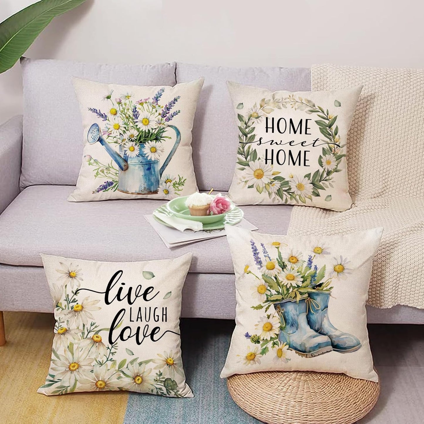 Spring Summer Daisy Flower Decorative Throw Pillow Covers | 18 x 18 Set of 4, Home Sweet Home Floral Wreath Watering Can Boots Porch Home Decor, Live Laugh Love Farmhouse Sofa Couch BST202