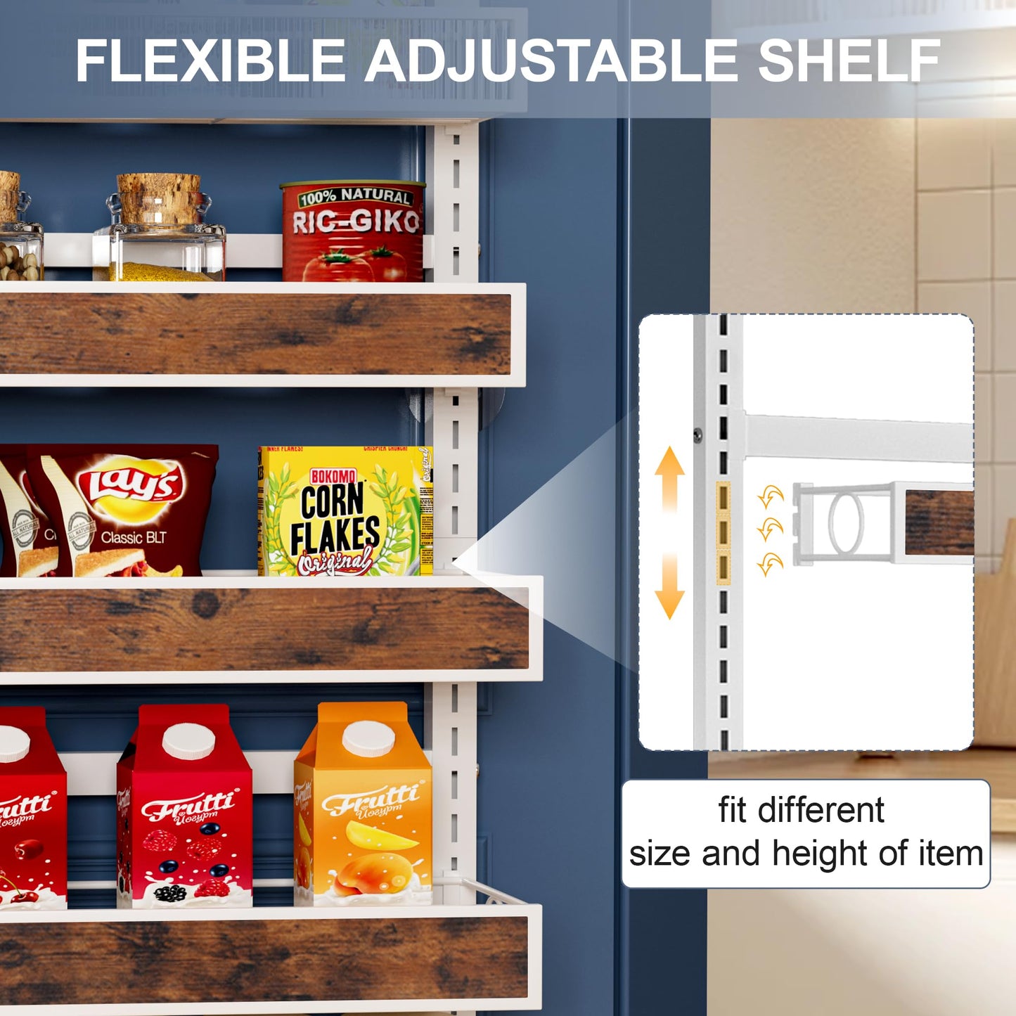 8 Tier Over The Door Pantry Orangizer 2 IN 1 Wall Mounted or Hanging Spice Rack with Adjustable Wood Basket,Heavy Duty Seasoning Storage Shelf for Kitchen Pantry and Bathroom BST220