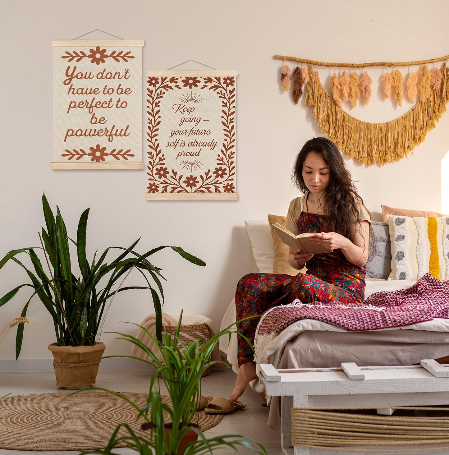 SPBL&L Green Boho Floral Mexican Wall Art, Abstract Flower Poster Hanger Frame, Burnt Orange Terracotta Botanical Hanging Canvas Pictures Prints Wall Decor for Home Bedroom, 12x16 Inch Set of 2 BST202