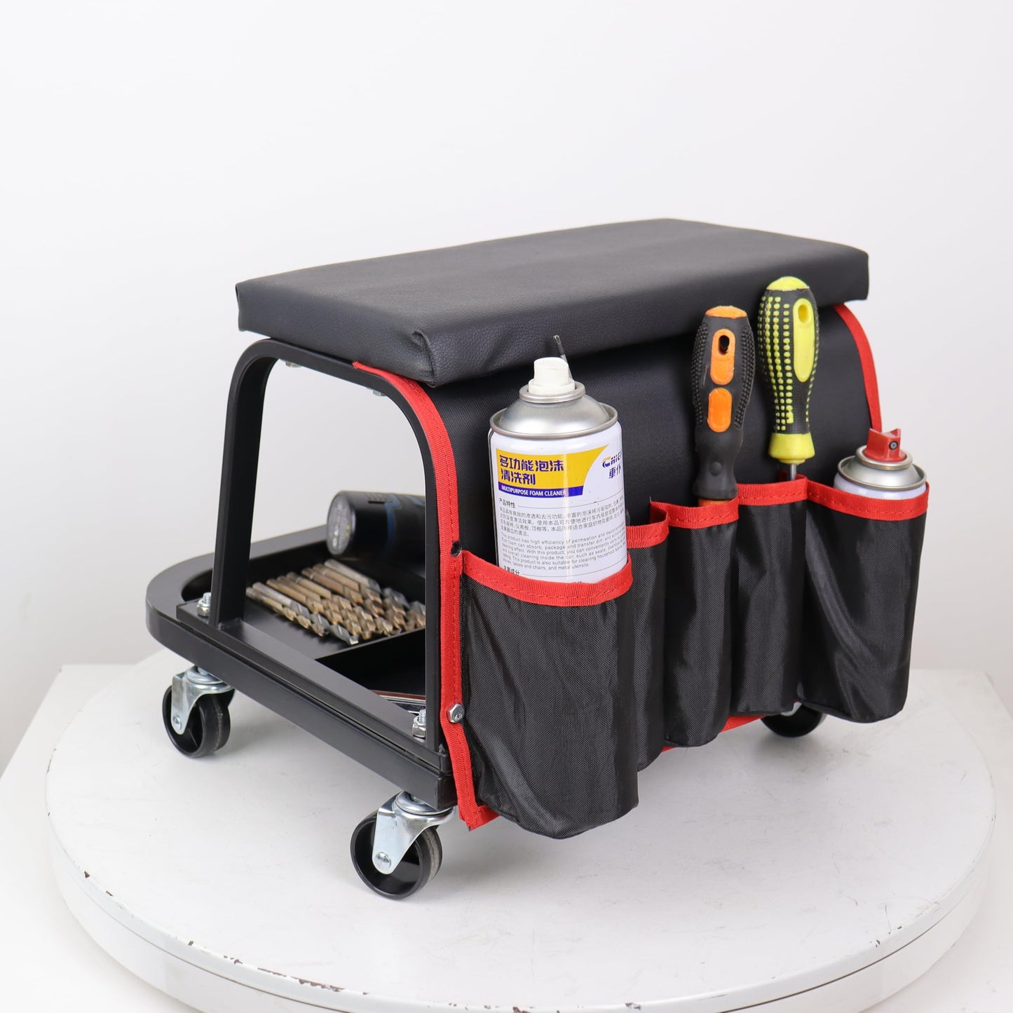 Rolling Mechanic Garage Stool on Wheels with Padded Cushion, Tool Tray Storage and Side Pockets, 300 LBS Capacity, Red BST220