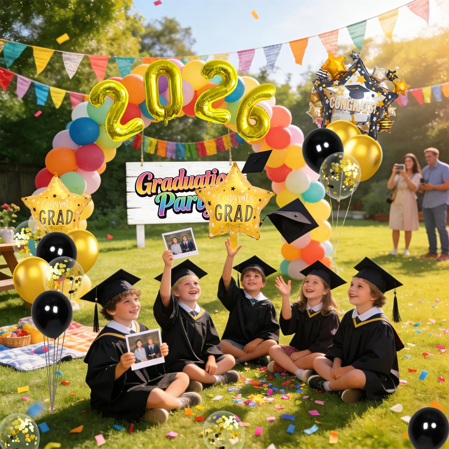 Graduation Balloons Congrats Grad Balloons Gold and Black Balloon for 5th Grade Graduation Decorations Grad Party Decorations 2026 BST326L