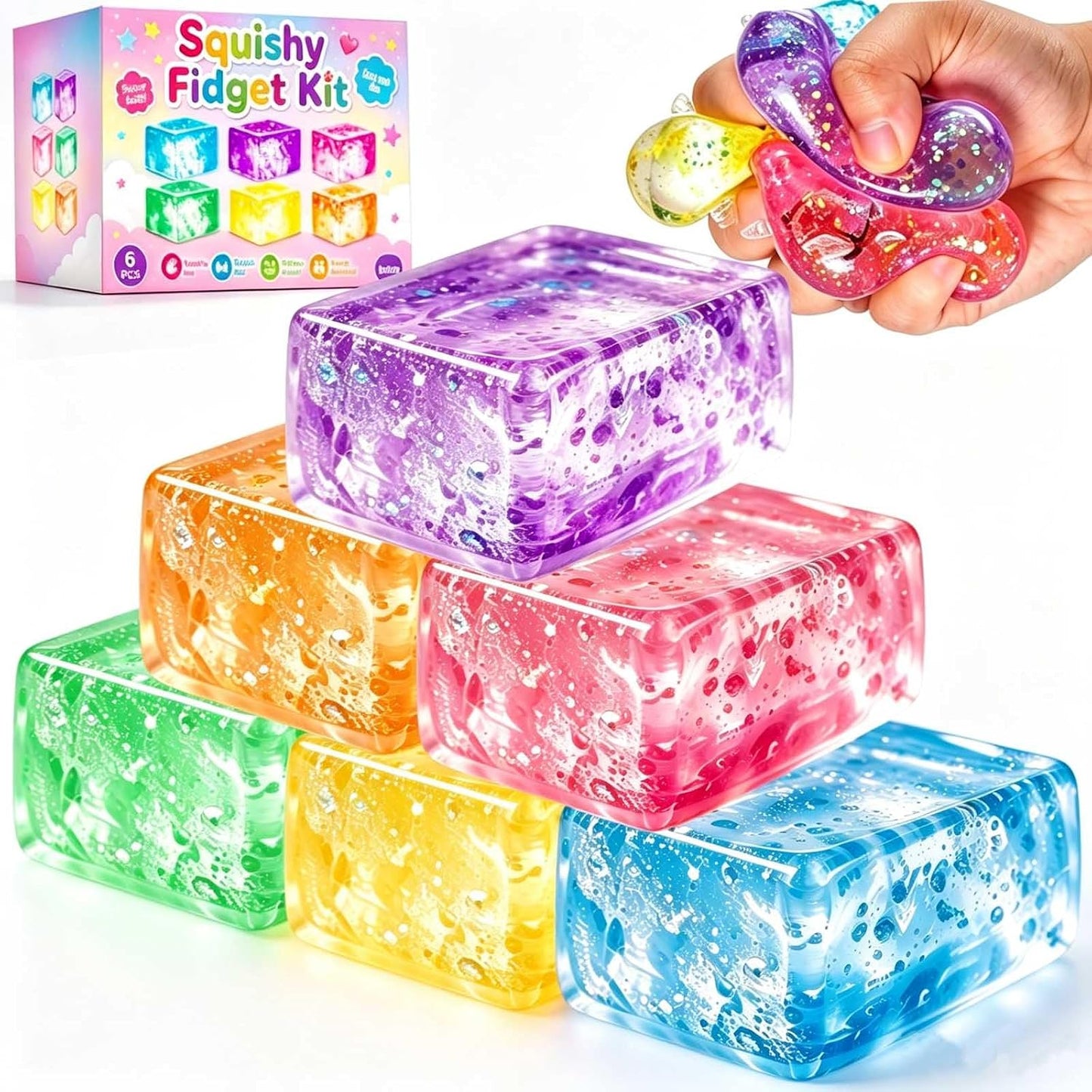 BENWIL 6 Pack Big Glitter Sugar Ice Cube Squishy Stress Balls Kit - Cube Squeezee Fidget Squishy Box Toys for Kids Adults, Holiday and Birthday Gifts, Perfect Party Toy Gift, Easter Basket Gift BST326H