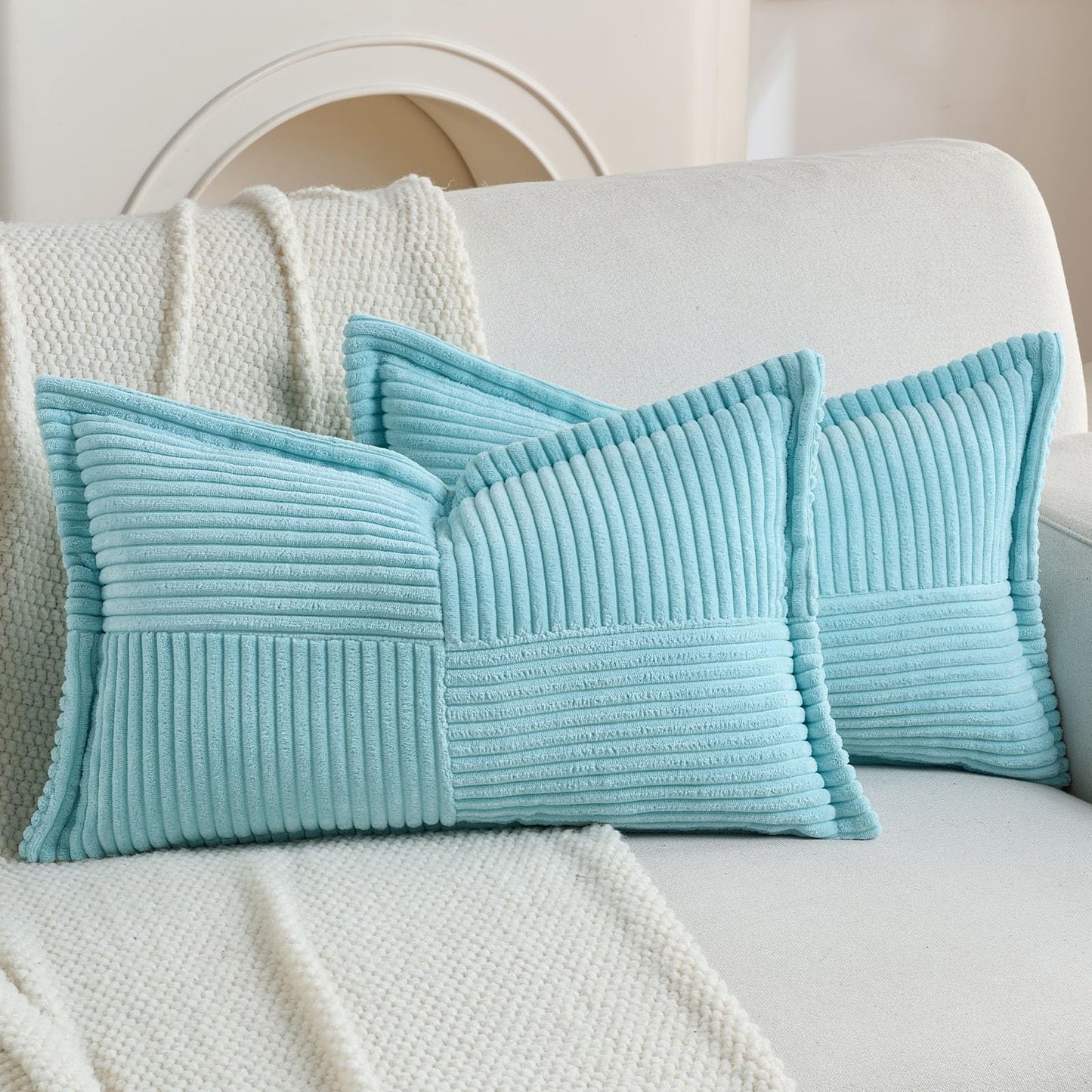 HAUSSY Pack of 2 Corduroy Throw Pillow Covers26x26 Inch, Rust | Decorative Striped Soft Boho Farmhouse Pillowcases, Machine Washable, Couch Bed Sofa Living Room Home Decor, No Insert BST202