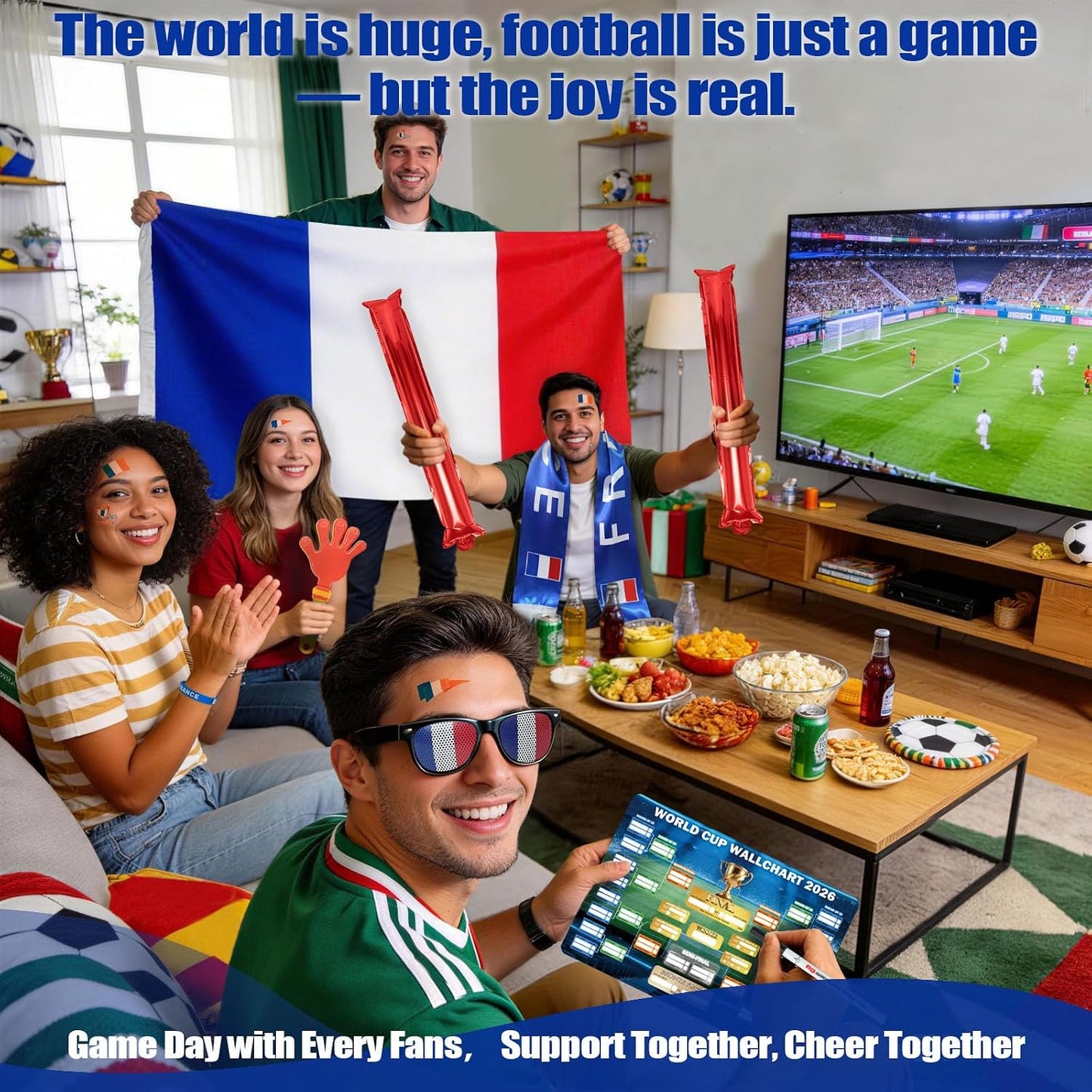 World Cup 2026 Fan Accessories with Large 3x5 ft Flag, Match Tracker Poster, Stickers, Cheering Sticks, Clapper & Scarf, World Cup Decorations Fan kit for Soccer Watch Party, Stadium and Home Cheering BST202