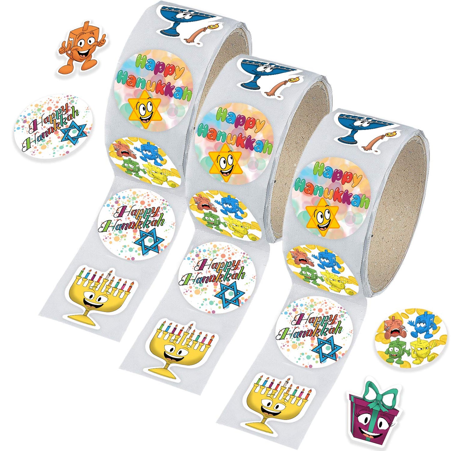 Hanukkah Sticker Roll, Chanukkah Menorah with Candle, Gift-Box, Dreidel, Happy Hanukkah Sticker 150 Count (Single Roll) BST326L