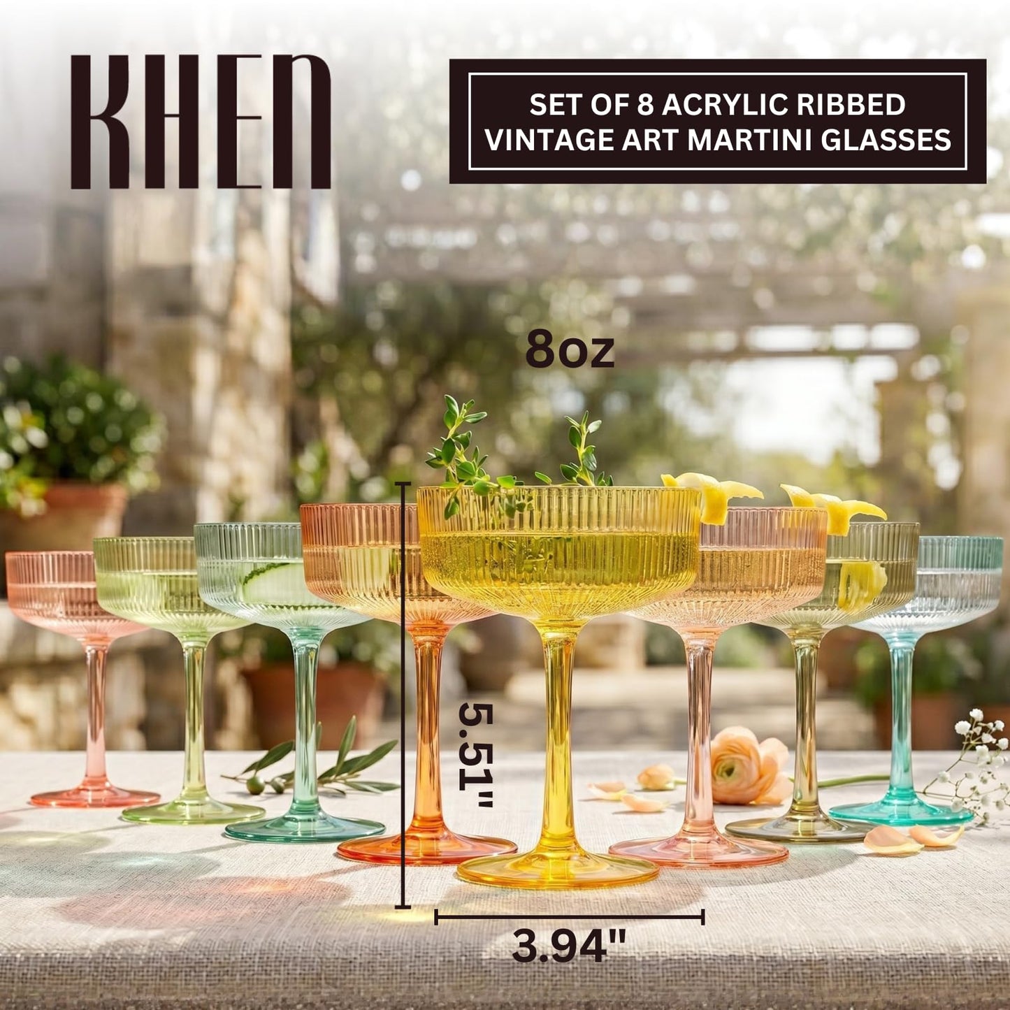Khen Pink Peach Acrylic Ribbed Coupe Martini Champagne Cocktail Glasses, Set of 4, 8 oz Shatterproof Ripple Stemware European Style Reusable Drinkware Goblets, Indoor Outdoor Parties Weddings Bar Gift BST220