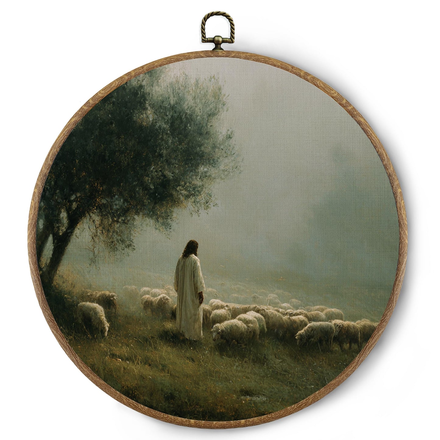 BitKAM Jesus and Lamb Christian Round Wall Art Decor, Jesus Saves the Lost Lamb Canvas Prints Framed, Religious Wall Hanging Decorations for Church Home Bedroom Living Room, 10x10 Inch Wall Sculptures BST326L