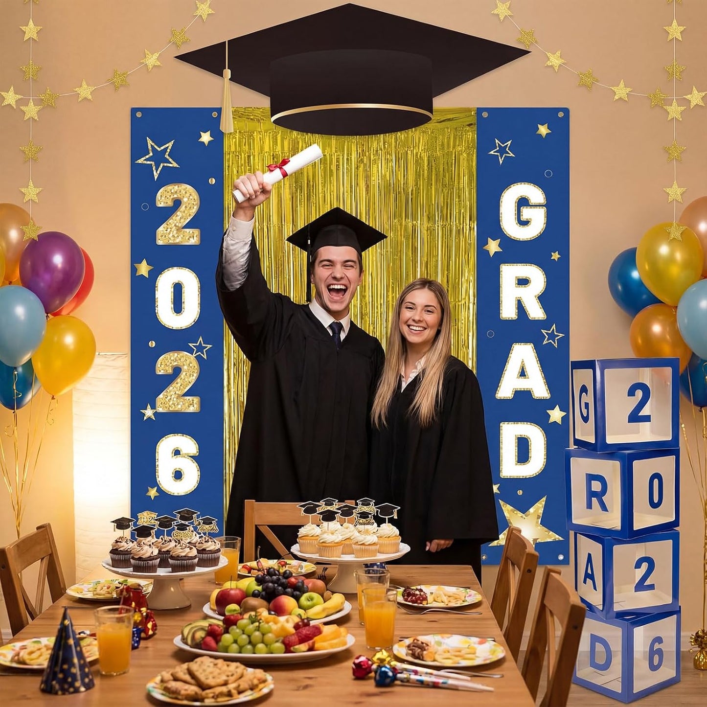 Frienda 9 Pcs 2026 Graduation Party Decoration Include Grad Box, Class of 2026 Graduation Door Porch Banner with Tinsel Curtain, Grad Photo Backdrop for College School Congrat Party Decoration(Blue) BST326H