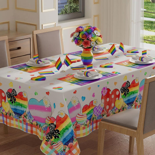 XCHI Watercolor Plaid Rainbow Love Heart Flowers LGBTQ Pride Day Tablecloth Inclusion Gay Equality Rectangle Table Cloth Table Covers for Indoor Dining Home Party Decorations 60x104 Inch BST326H