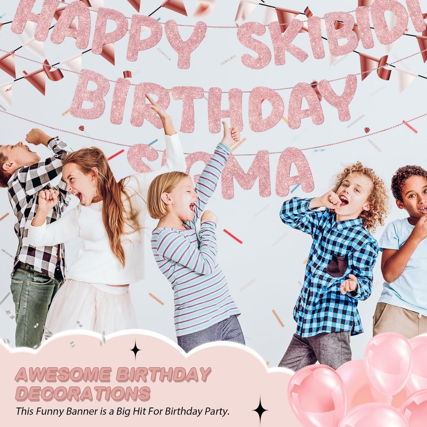 Fulmoon Pre Strung Happy Skibidi Birthday Sigma Banner Glitter Funny Zoomer Gen Z Slang Birthday Party Supplies Gen Z Slag Party Decorations Sign Gift(Champagne Gold) WN420