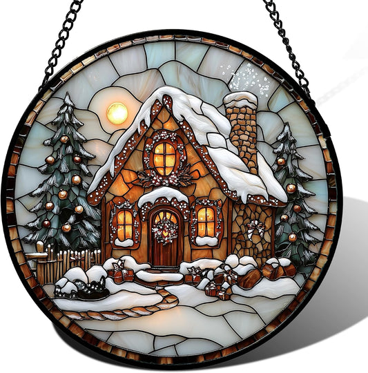Stained Glass Window Hanging - Christmas Tree Cottage Sun Catcher for Door Garden Home Winter Decor Snowy Night Suncatcher Mother's Day Birthday Gifts for Women Men Mom Nana 6.3 in WN420