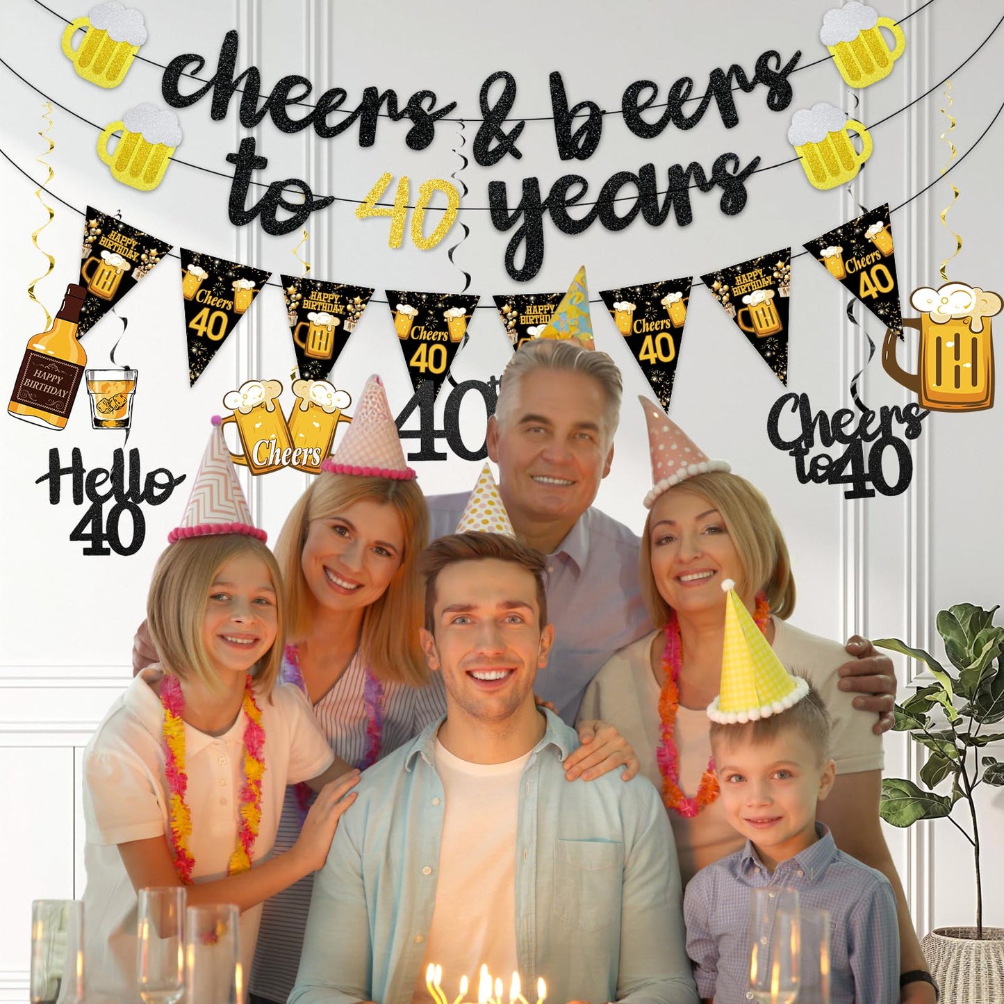 Black Gold 90th Birthday Decorations for Men Women, Glitter Pre-Strung Cheers to 90 Years Banner Hello 90 Hanging Swirls Paper Triangle Flag Banner Decorations Bday Party Supplies Kit WN420