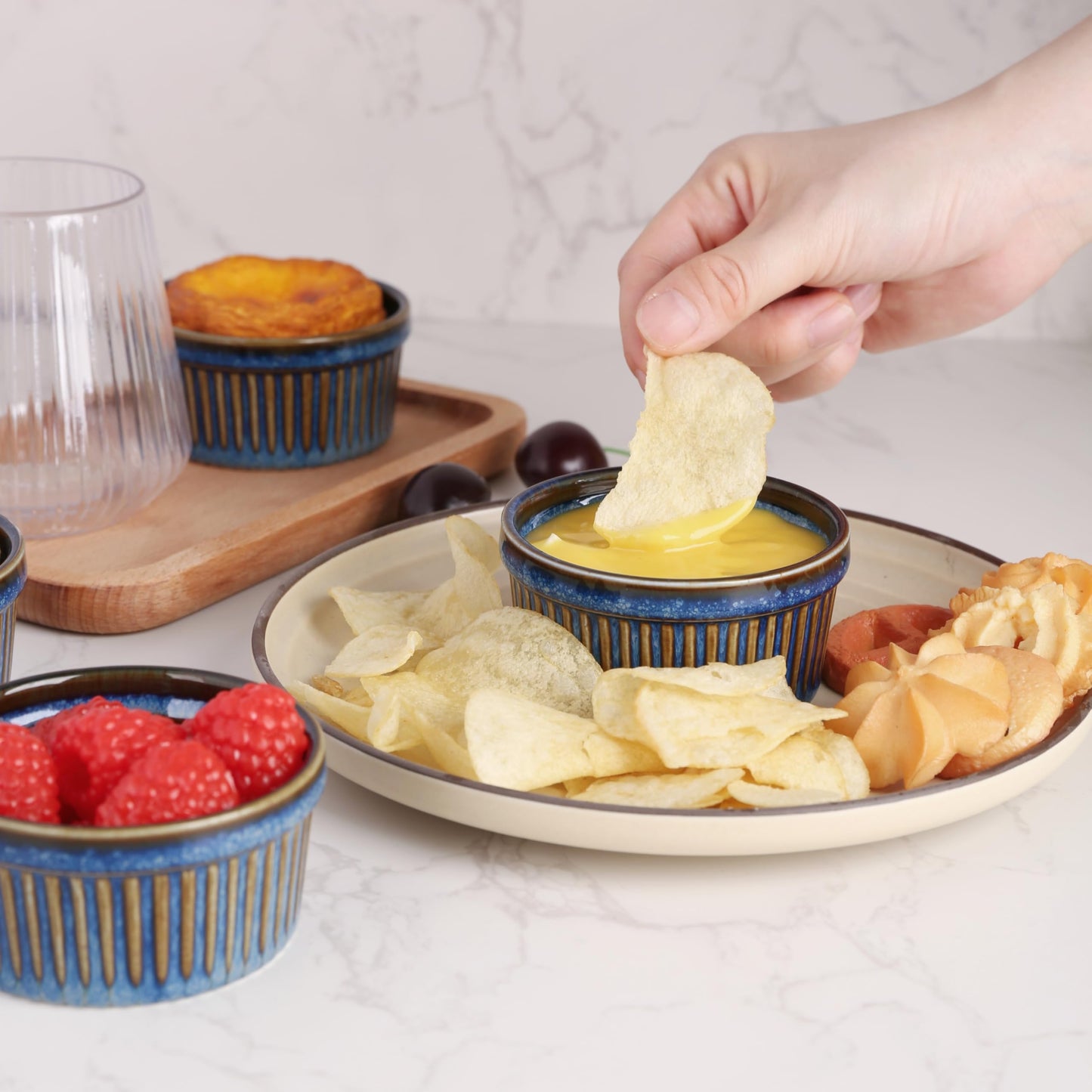 4oz Ramekins Set of 4,Creme Brulee Ramekins Oven Safe,Ceramic Custard Cups Ramiken for Baking,Souffle Ramekin Bowls for Pudding Ice Cream,Blue BST220