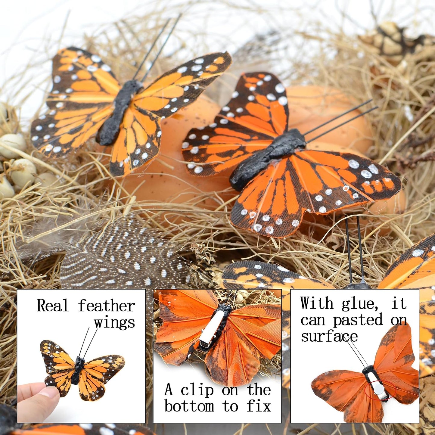 24pcs Monarch Butterflies Monarch Butterfly Decorations Kit with Clip for Dia de Los Muertos Decorations Halloween Decorative Butterflies Handmade Feather Butterfly - 2.25 inch KP06C BST220