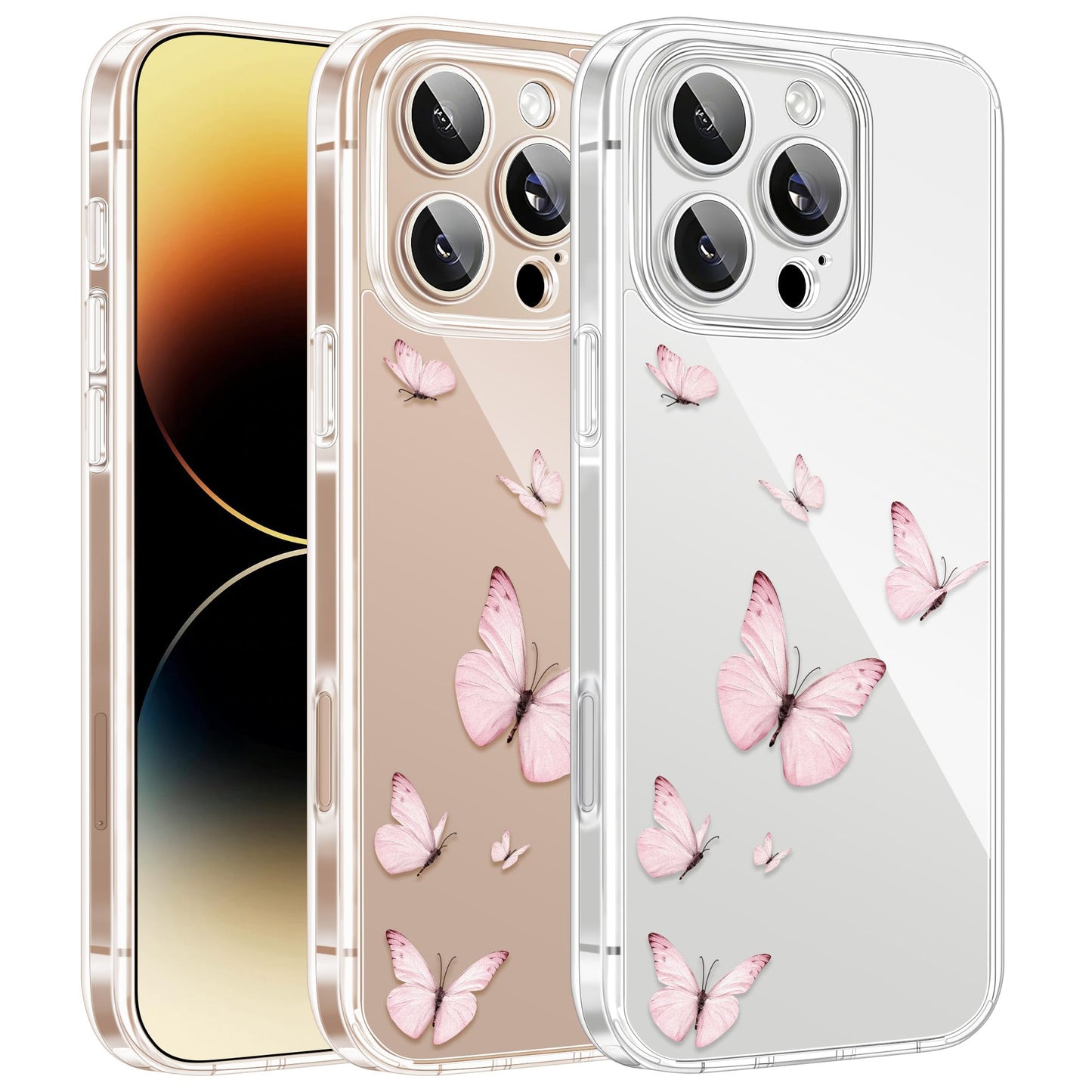 Cute Girly Crystal Clear Case Compatible with iPhone 16 Pro, Camera Control & Shockproof Protection Floral Case for Women, Blue Butterflies WN420
