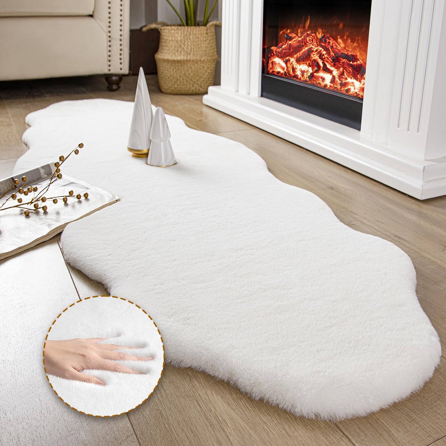 Ashler Faux Fur Rug, Ultra Soft Faux Rabbit Fur, Beige Area Rugs, 3 x 3 Feet Round, Machine Washable Nursery Decor Throw Rugs for Bedroom, Kids Room, Living Room BST326H