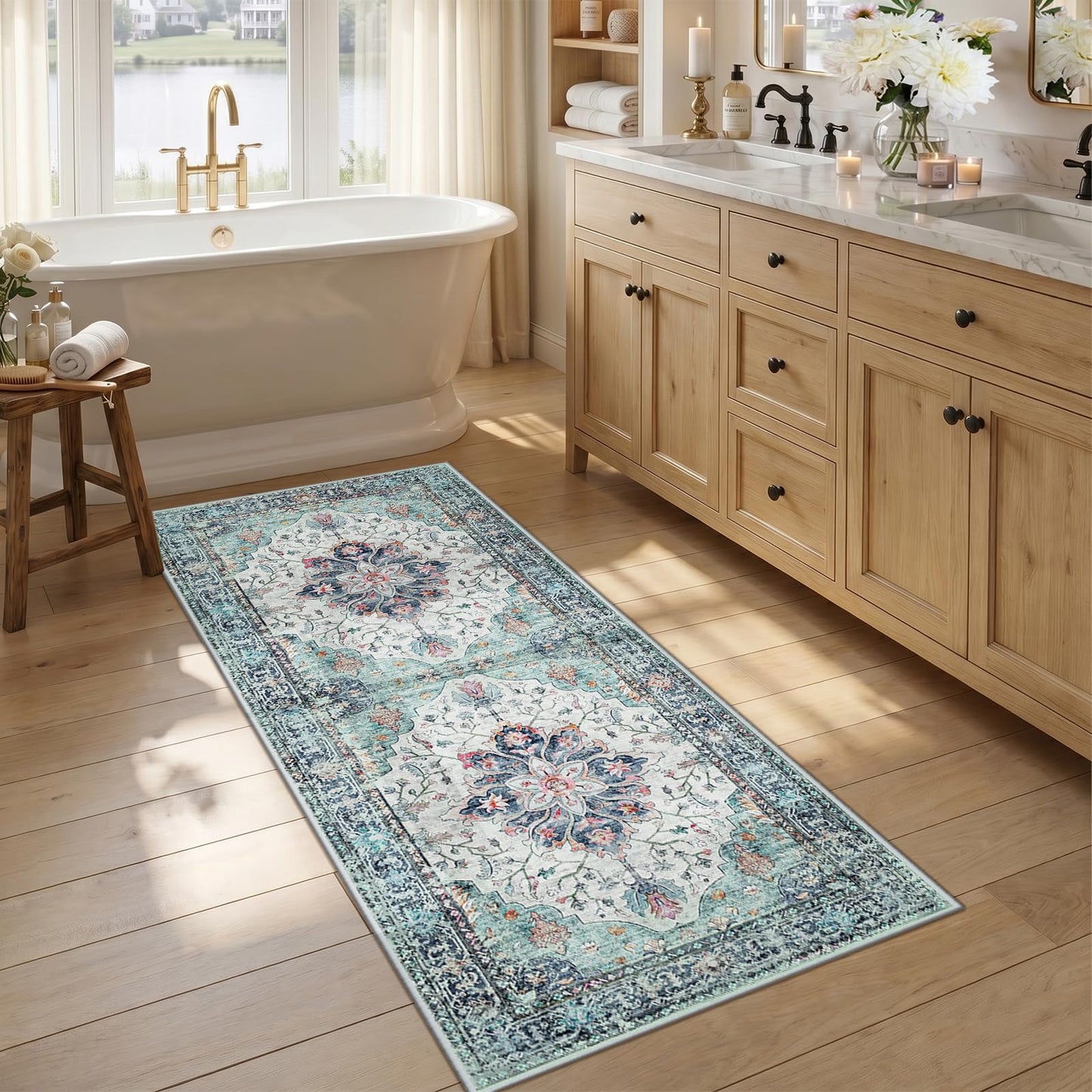 RELEANY Area Rugs Runner 2'x6' Washable Non-Slip, Floral Vintage Distress Medallion Carpet for Kitchen Hallway Bedroom Beside Laundry Room Bathroom, Teal Green Lake Blue Turquoise DD1210