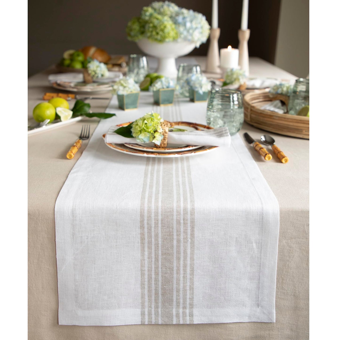 Solino Home 100% Linen Table Runner, 14 x 60 in, Black and White Striped | Farmhouse Table Runners for dining, console and side tables; vintage grain sack centre stripe; Pure Linen; OEKO-TEX Certified BST326SOLH