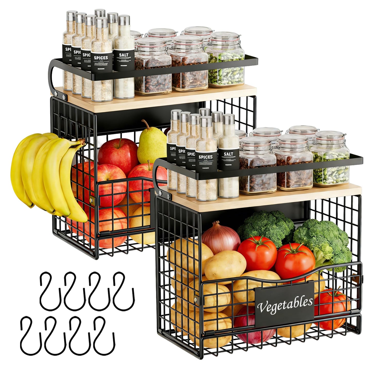 Magnetic Shelf for Fridge,Hanging Wall Basket for Potato Onion Fruit and Vegetable Storage Bins,Large Produce Container Magnetic Spice Rack for Refrigerator Kitchen Counter Pantry,Black BST220