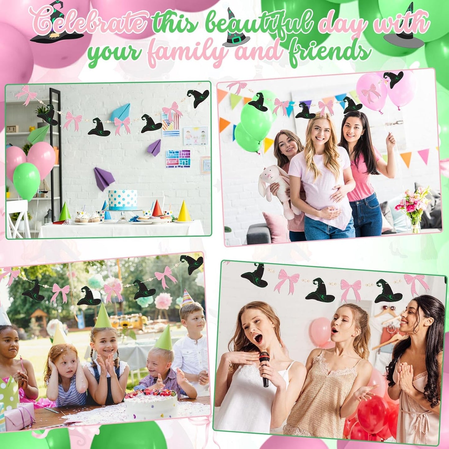 Oudain Pre-Strung Halloween Witch Garland Banner Pink and Green Birthday Party Decorations for Witch Themed Mantel Wall Home Office Indoor Halloween Party Decor BST202