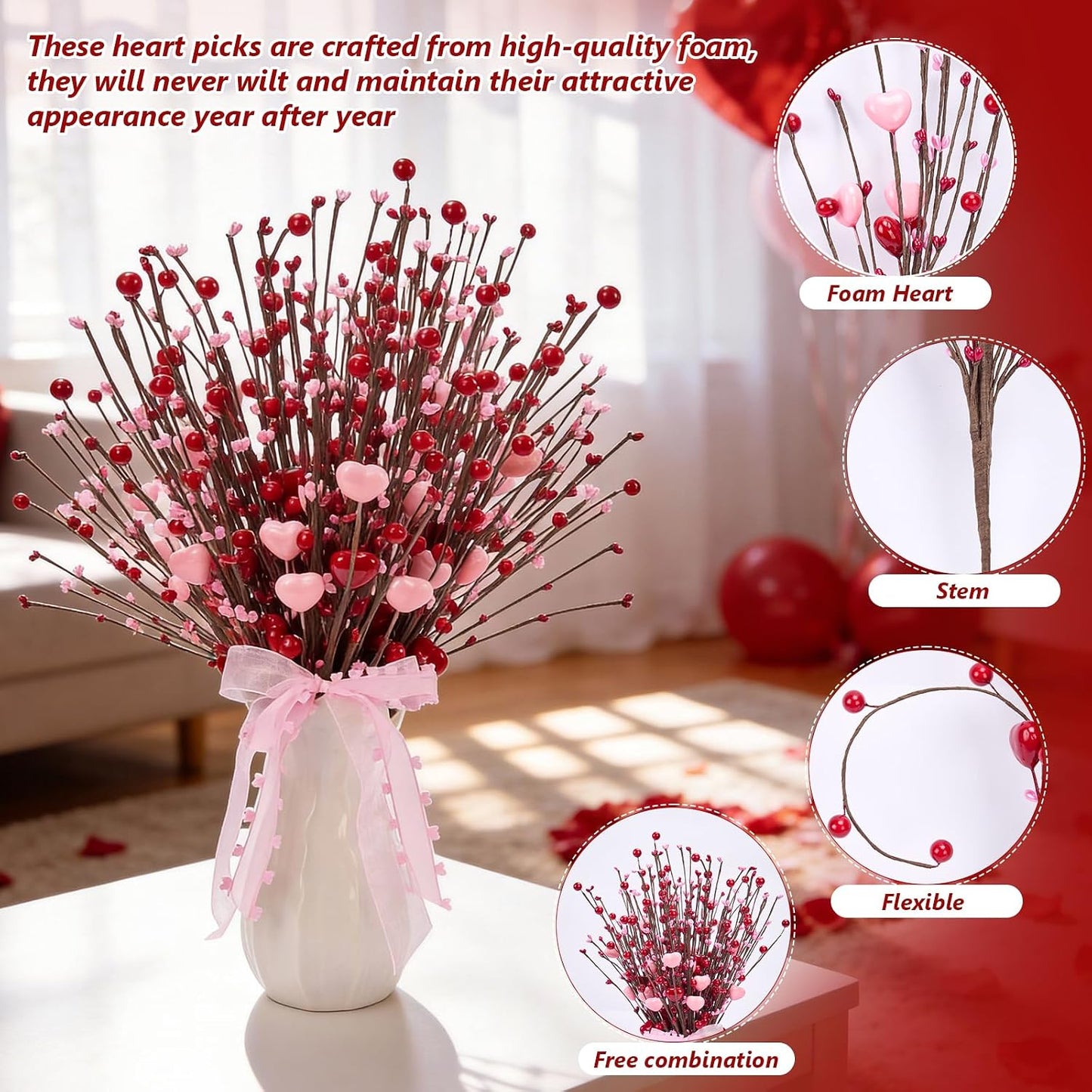 Wedding & Anniversary Decorations 8 Pcs 17 Inch Artificial Hearts Berry Stems, Romantic Wedding Floral Picks for Bridal Bouquets, Table Centerpieces & Vase Decor BST326H