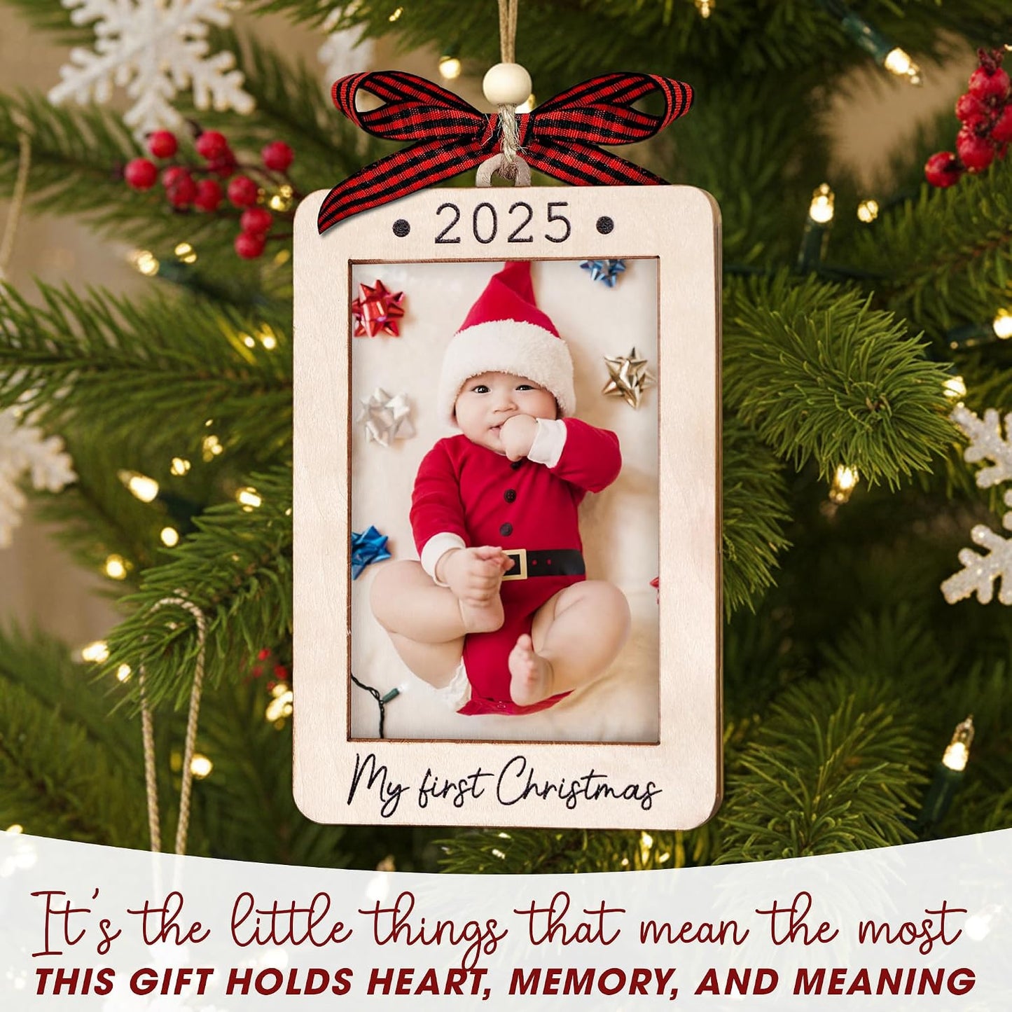 Hangwoous Baby's First Christmas Photo Frame Ornament 2025 | Wooden portrait frame keepsake, first Christmas photo gift for baby BST202
