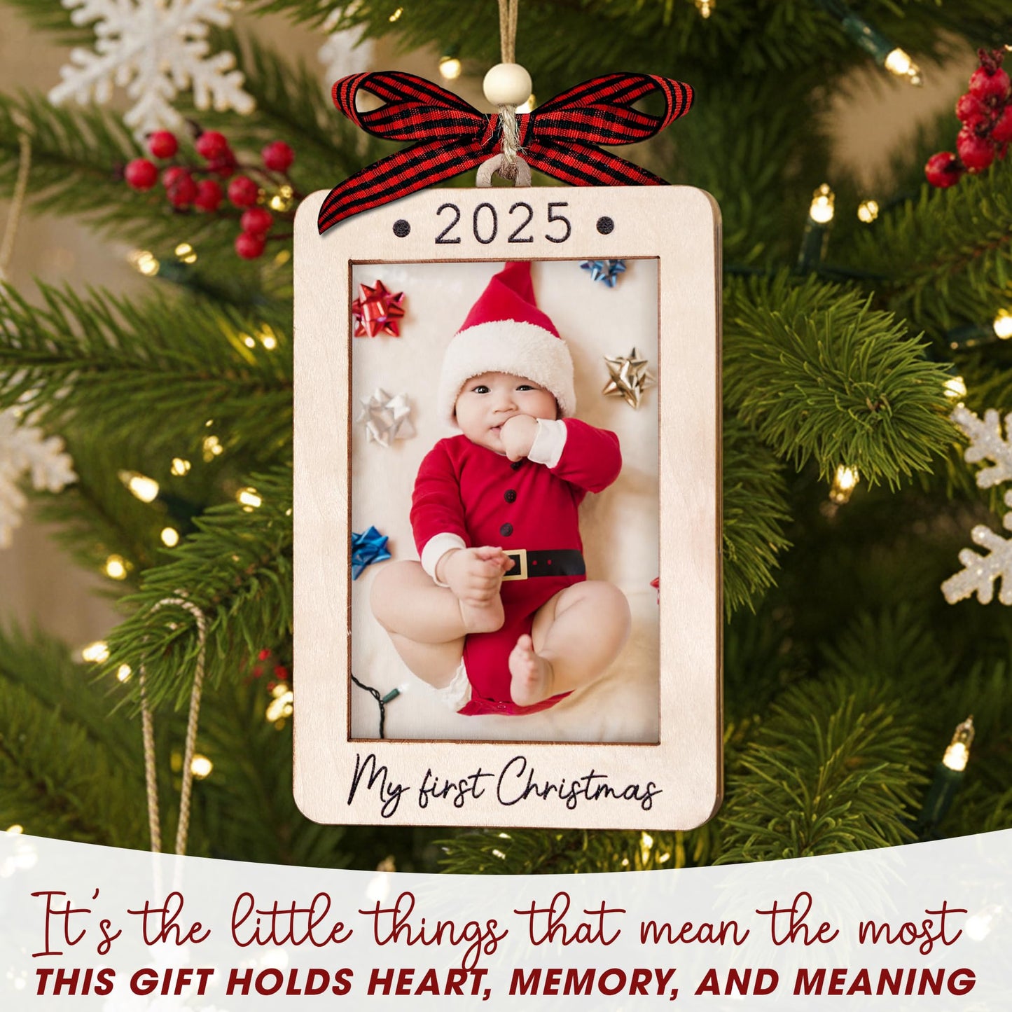 Hangwoous Baby's First Christmas Photo Frame Ornament 2025 | Wooden portrait frame keepsake, first Christmas photo gift for baby BST202