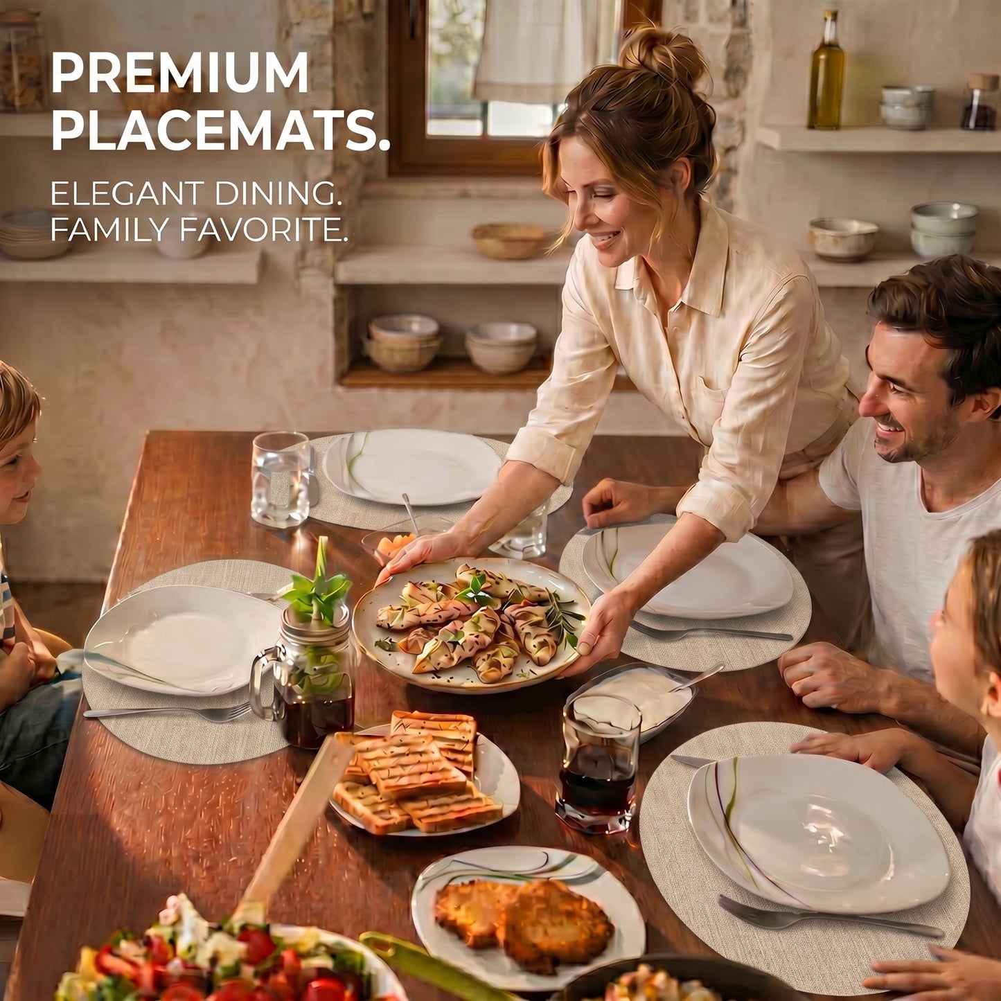 Faux Leather Placemats Set of 6, Wipeable Waterproof Stain Resistant Table Mats, Heat Resistant Thick Placemats with Hand-Painted Edges for Kitchen Dining, Imitative Linen Texture, Various Shapes BST326H