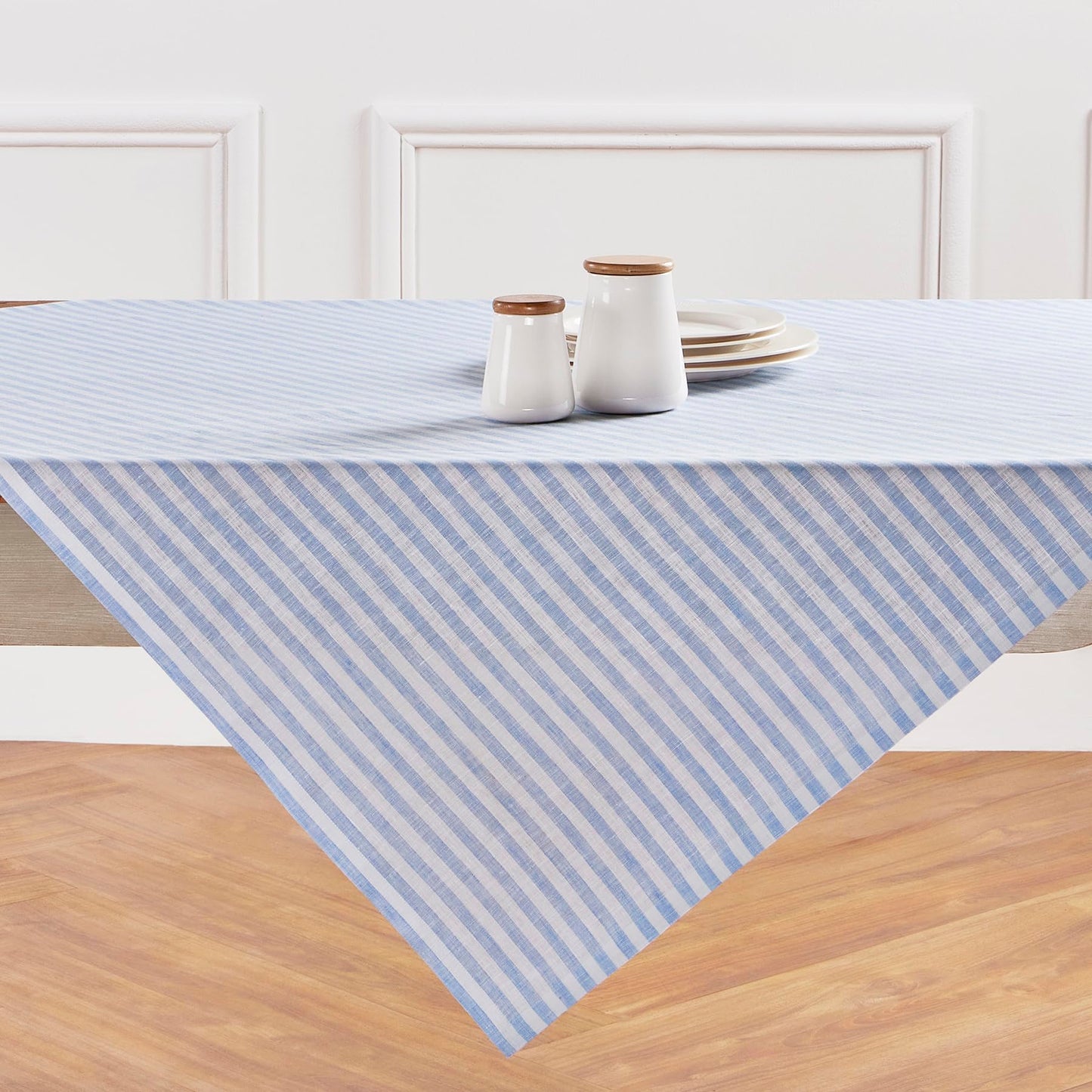 Solino Home 100% Linen Table Cloth, Throw, 52 x 52 in, Coral, Amalfi Stripe | Striped Linen Tablecloth a neat topper for bistro, card and side tables | Coral and White | Pure Linen | OEKO-TEX Certified BST326SOLH