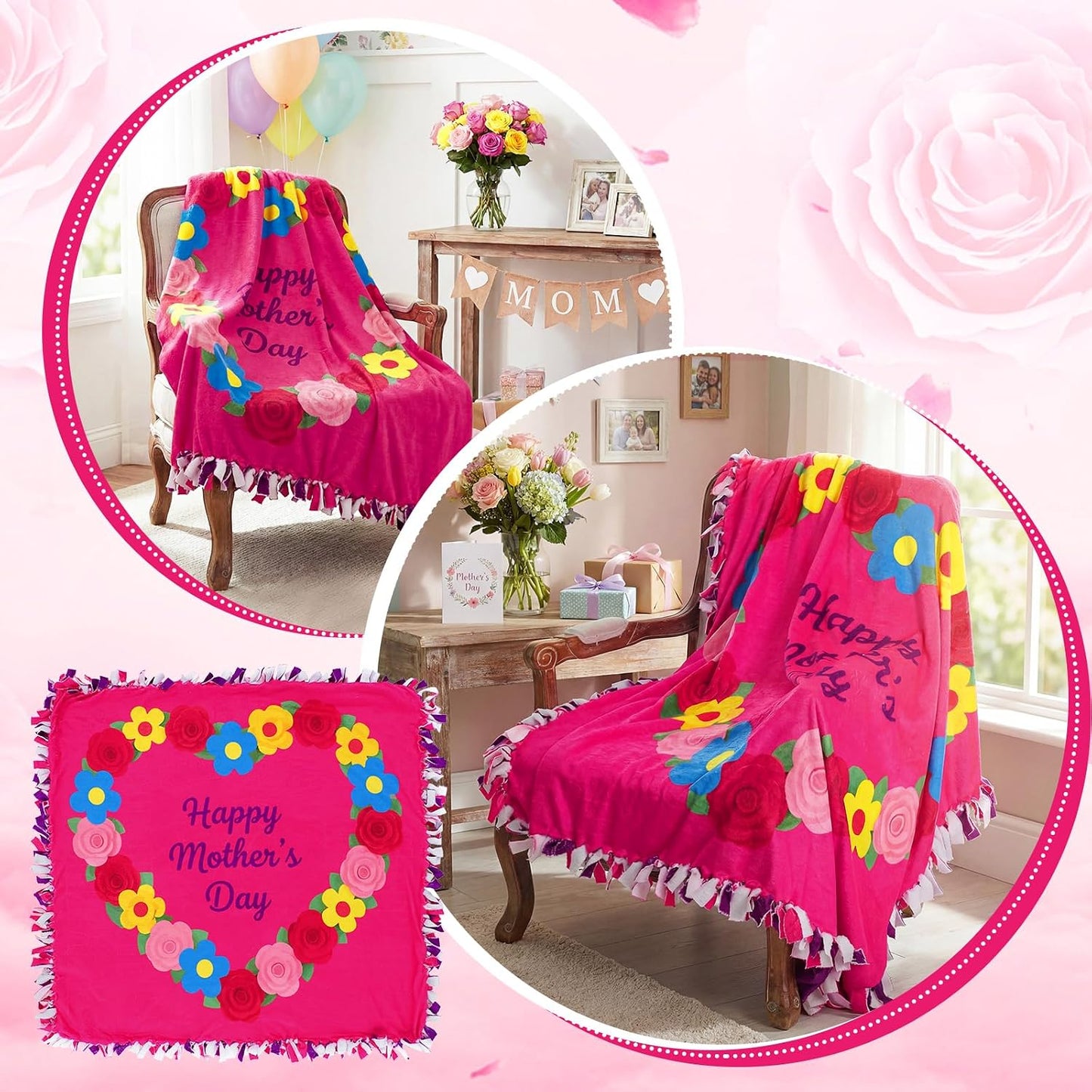 Chumia 2 Pcs/1 Set Mother's Day DIY Tie Blankets Fleece Kit Mom No Sew Blanket Craft 57 x 57 Inch No Sew Fleece Fabric Tie Knot Throw Make Happy Mother's Day Best Mom Appreciation Gifts for Bed Couch BST202