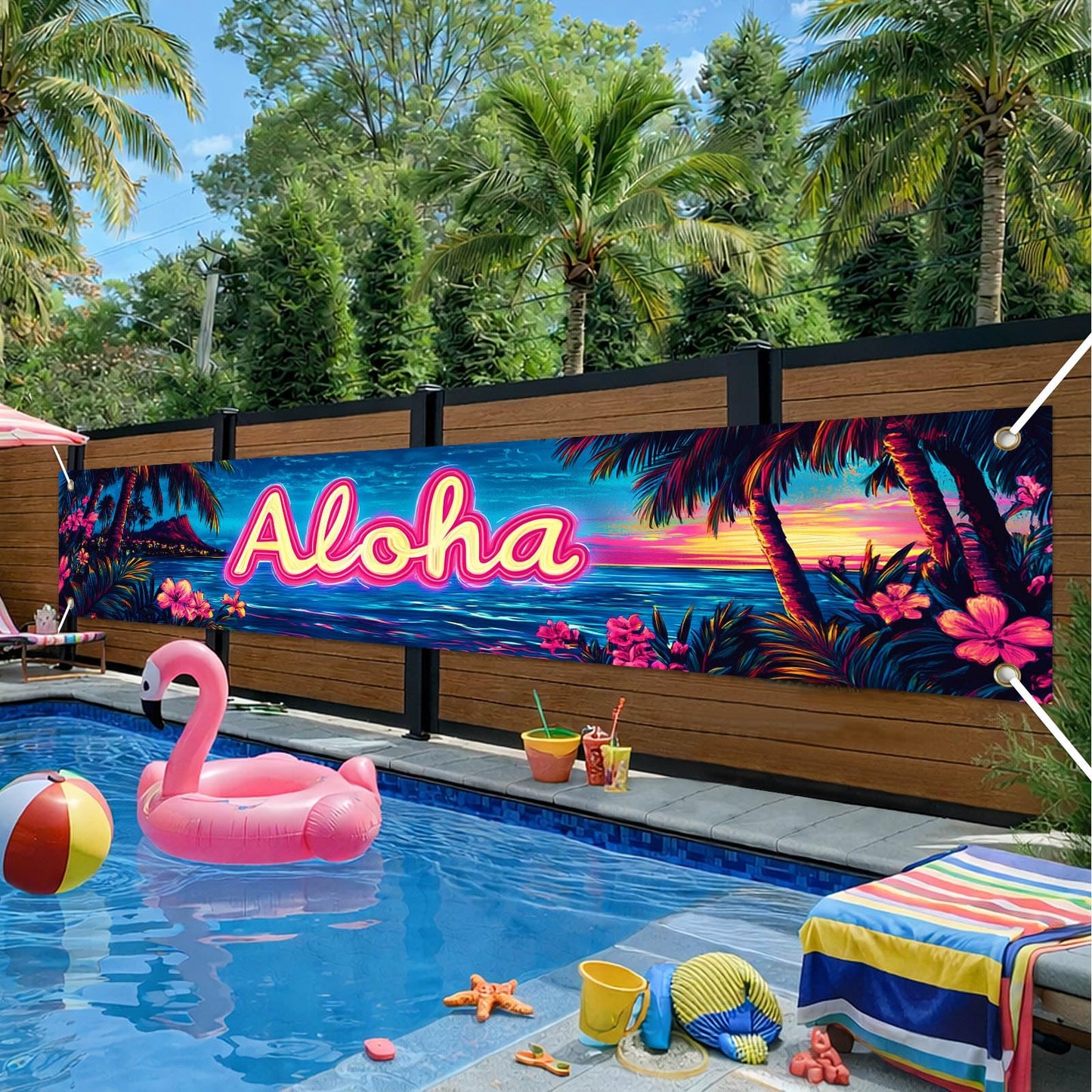 BlissYard Hello Summer Banner 118 x 20 Inch Pool Party Decorations Beach Surfboard Watermelon Tropical Fence Sign Hawaiian Luau Outdoor Backyard Wall Decor BST220