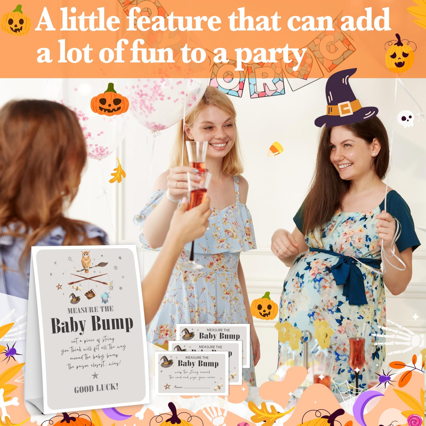 Halloween Baby Shower Measure The Baby Bump, 1 Self-Standing Sign + 50 Tickets for Little Ghost Gender Reveal Announcement Party Favor Supplies - D12 BST326L
