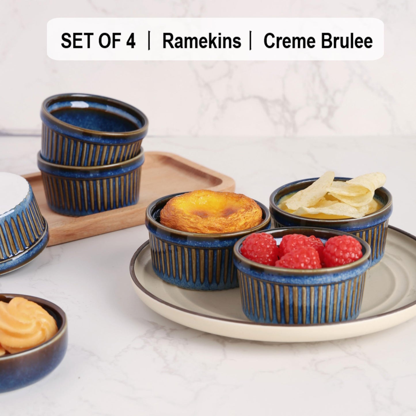 4oz Ramekins Set of 4,Creme Brulee Ramekins Oven Safe,Ceramic Custard Cups Ramiken for Baking,Souffle Ramekin Bowls for Pudding Ice Cream,Blue BST220
