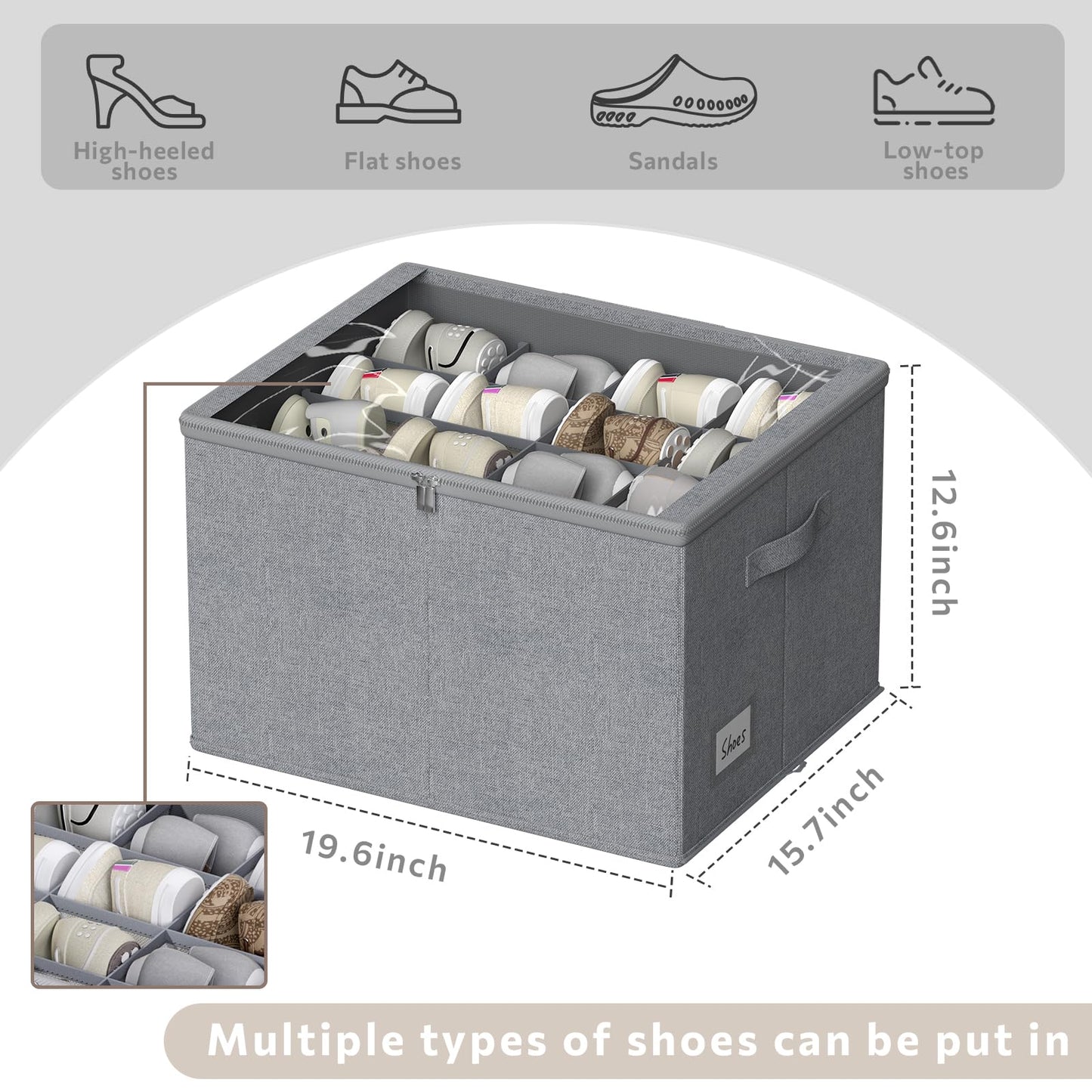 2 Pack Shoe Organizer for Closet - Shoe Storage Bins with Clear Cover, Fabric Shoe Storage Containers with Reinforced Handles, Fits up to 24 Pairs (Black, 16.5 * 12.6 * 12.2in) BST326H