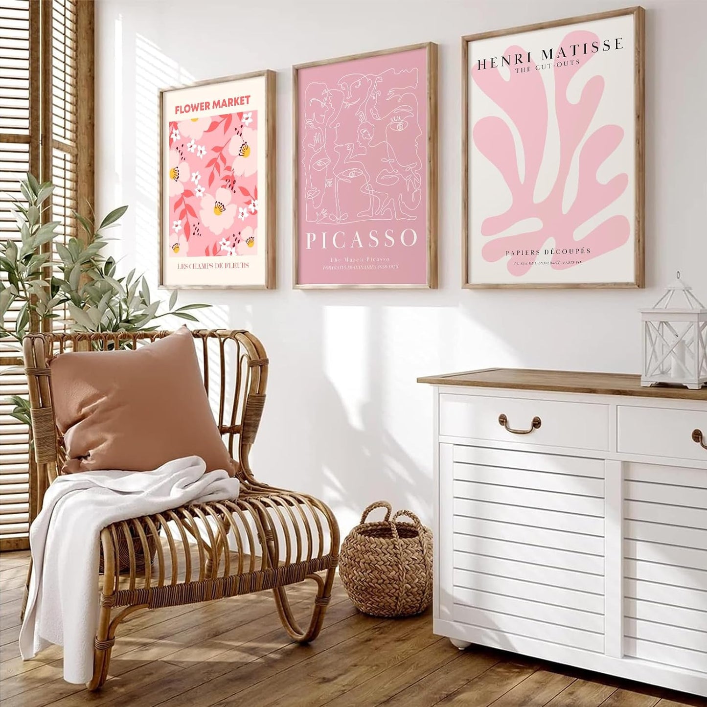 Matisse Abstract Wall Art Decor Pink Flower Canvas Pictures Picasso Aesthetic Wall Art Henri Matisse Prints Poster Abstract Flower Painting Market Artwork for Bedroom 12x16 Inch Unframed Set of 3 BST202