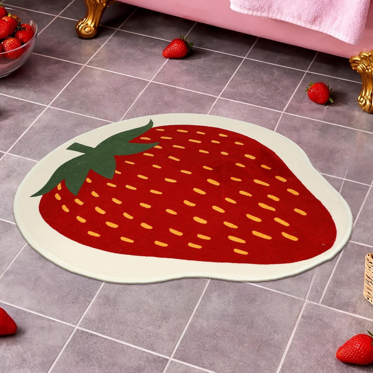 Tinideya Strawberry Bath Mat, Fruit Shaped Kitchen Bathroom Rug, Cute Summer Strawberry Welcome Front Door Rugs Soft Absorbent Non Slip Washable for Bathroom Sink Tub Bedroom Entryway Indoor Floor Mat BST202