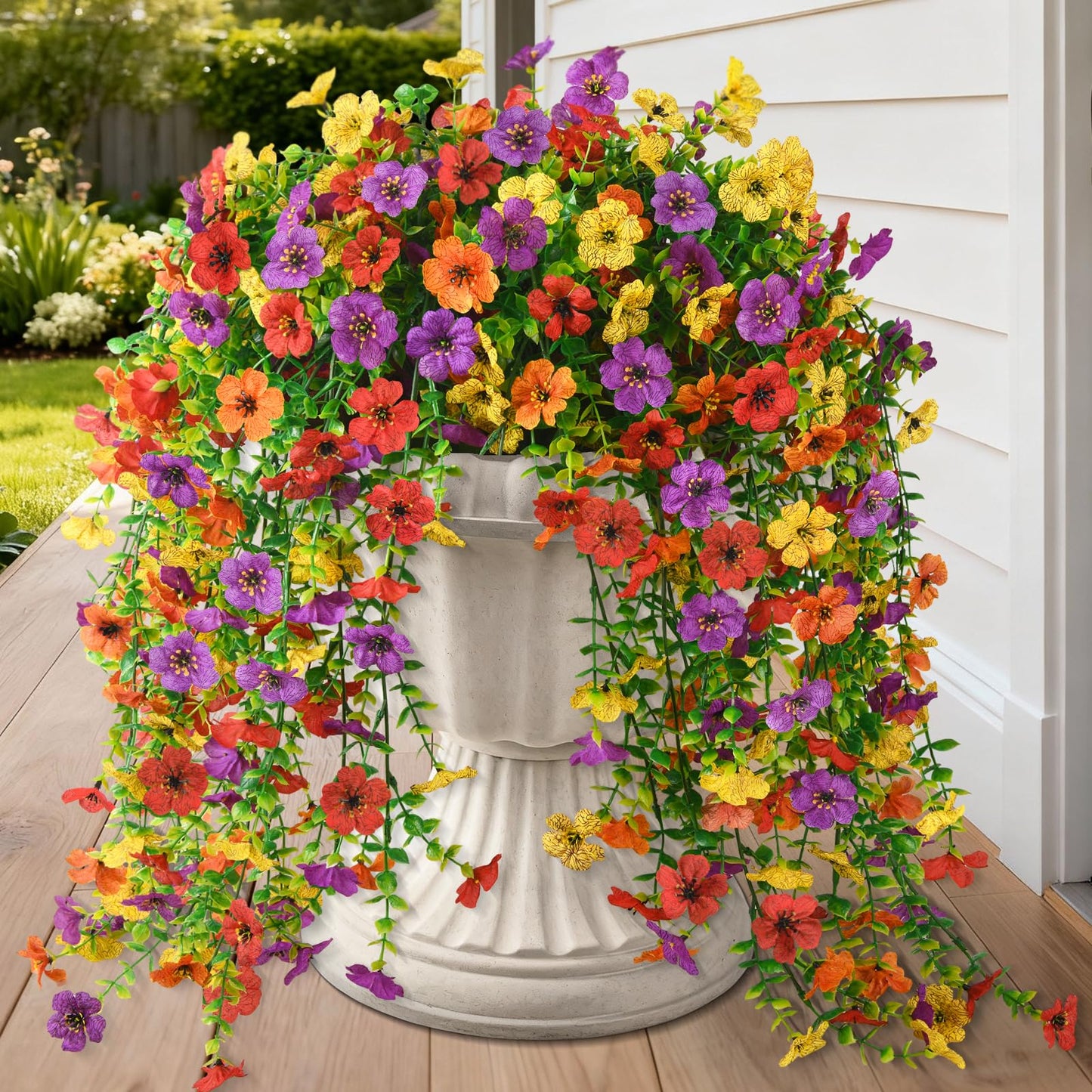 Artificial Hanging Flowers for Outdoor, 2PCS Fake Flowers Faux Silk Daisy with Eucalyptus Leaves, UV Resistant Aritificial Flowers for Spring Home Patio Yard Porch Decor (Light Purple Red) BST202