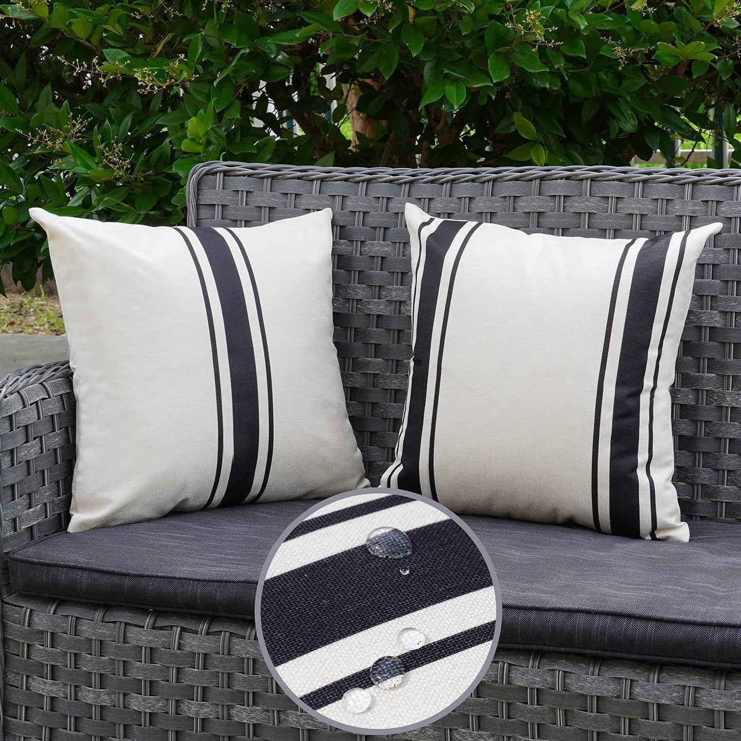 ONWAY Outdoor Pillow Covers Waterproof 18x18 Set of 2 Decorative Linen Throw Pillow Cover Beige and Black Striped Outdoor Pillows for Patio Furniture BST220