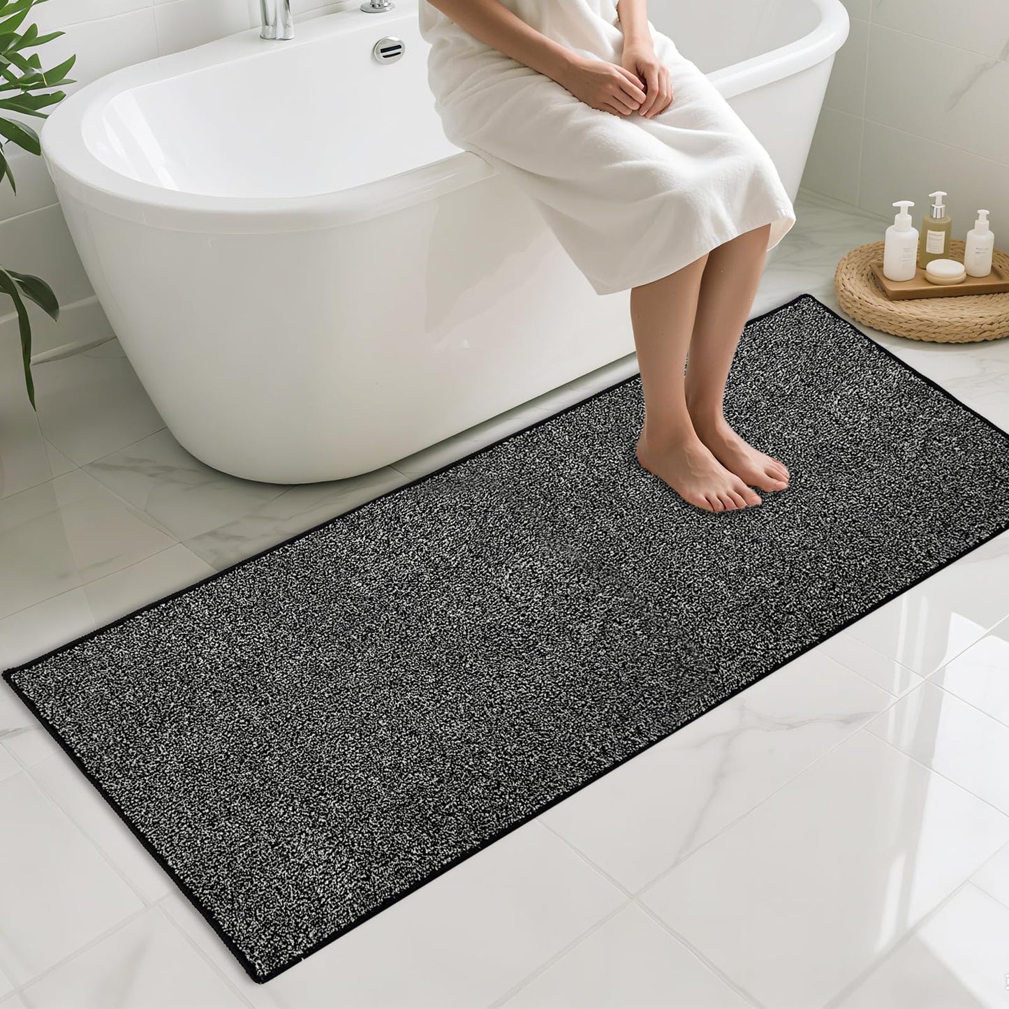HDFK Bathroom Rugs | Non Slip Washable Bath Mats 24x16 Inches 2 Tone Soft Chenille Medium Pile TPR Floor Mat | High Absorbency Quick Dry Grey and White | Shower Rug for Wet Dry Zone BST220