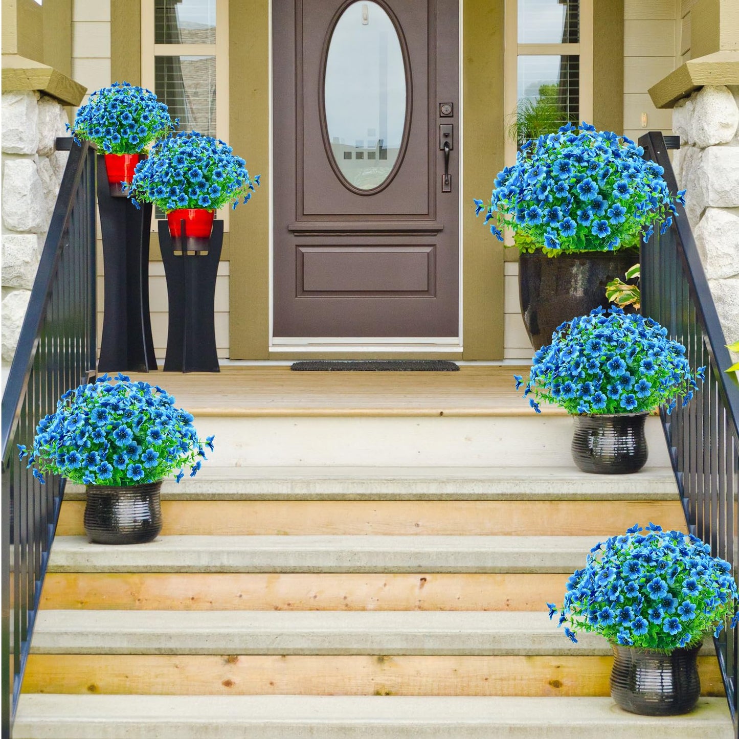 8 Bundles Outdoor Artificial Flowers,UV Resistant Fake Flowers Outdoor Plastic Plants Faux Silk Flower for Outside Indoor Decoration(Blue) BST202