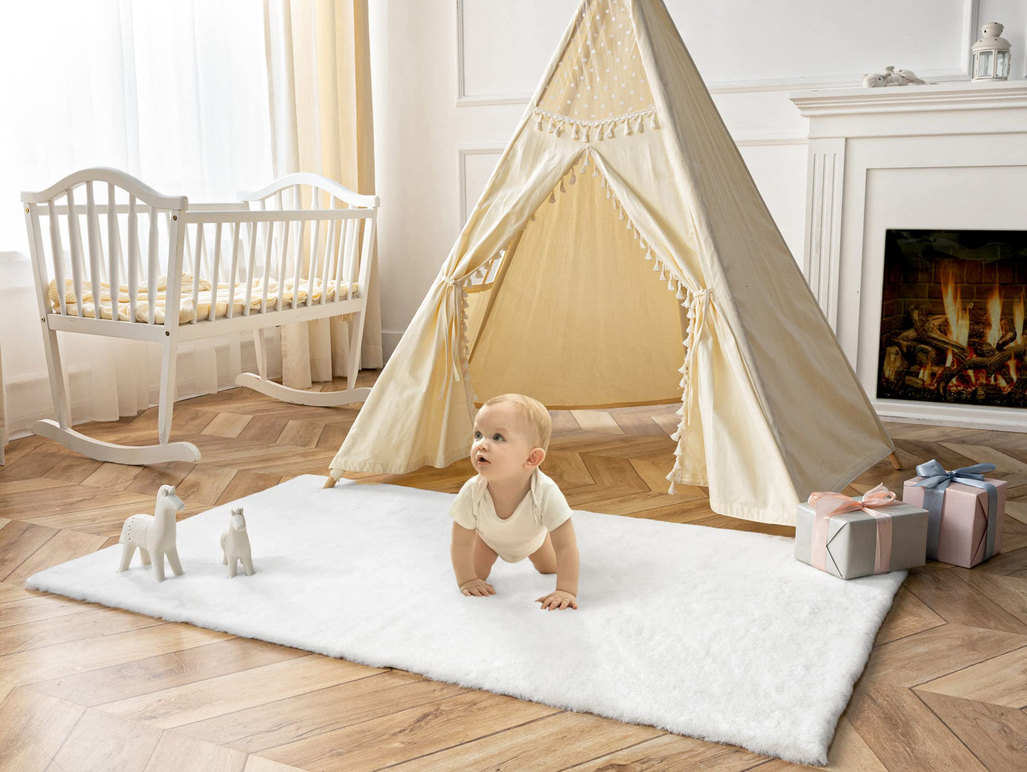 Ashler Faux Fur Rug, Ultra Soft Faux Rabbit Fur, Beige Area Rugs, 3 x 3 Feet Round, Machine Washable Nursery Decor Throw Rugs for Bedroom, Kids Room, Living Room BST326H