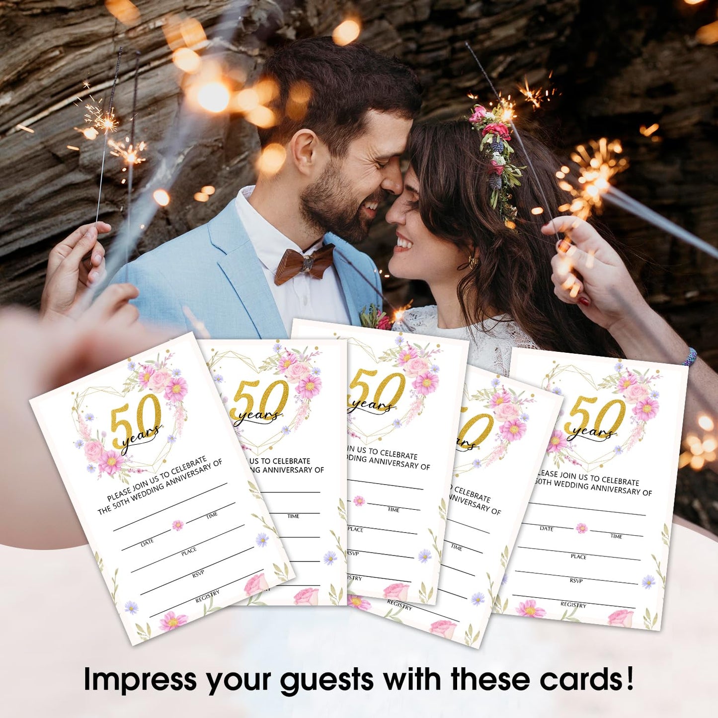 50 Years Anniversary Bridal Shower Invitations Cards, Set of 25 Gold Foil Floral Fill in Style 50th Year Wedding Invites Cards with Envelopes for Couples Marriage Party Supplies-T05 WN420
