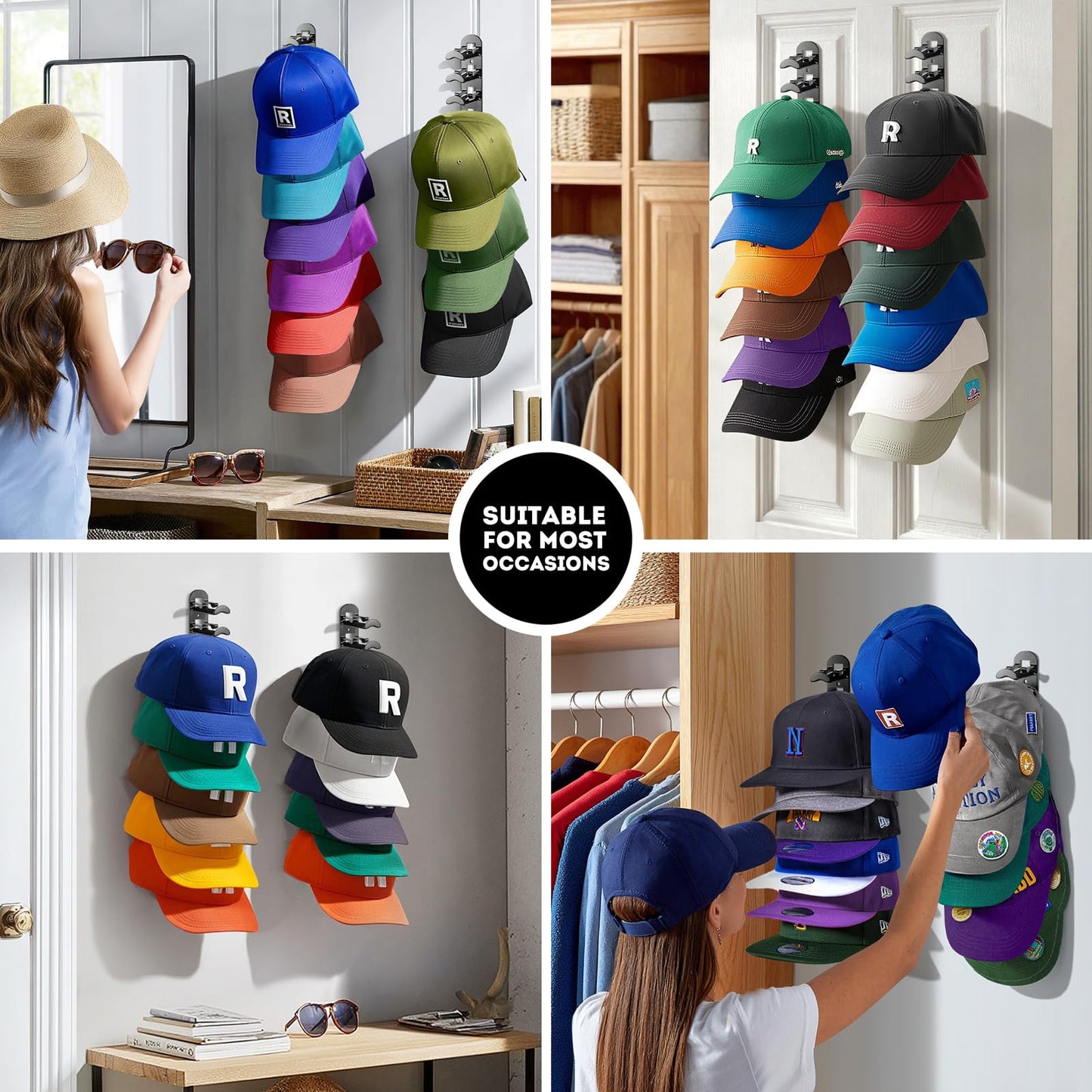 Hat Hook for Wall, 2 Pack Hat Organizer Hold up to 20 Hats,Hat Holder with Strong Adhesive and 8 Pack Screws, Cap Holder Hat Hangers for Wall Closet Door and Bedroom(B-Black) BST220