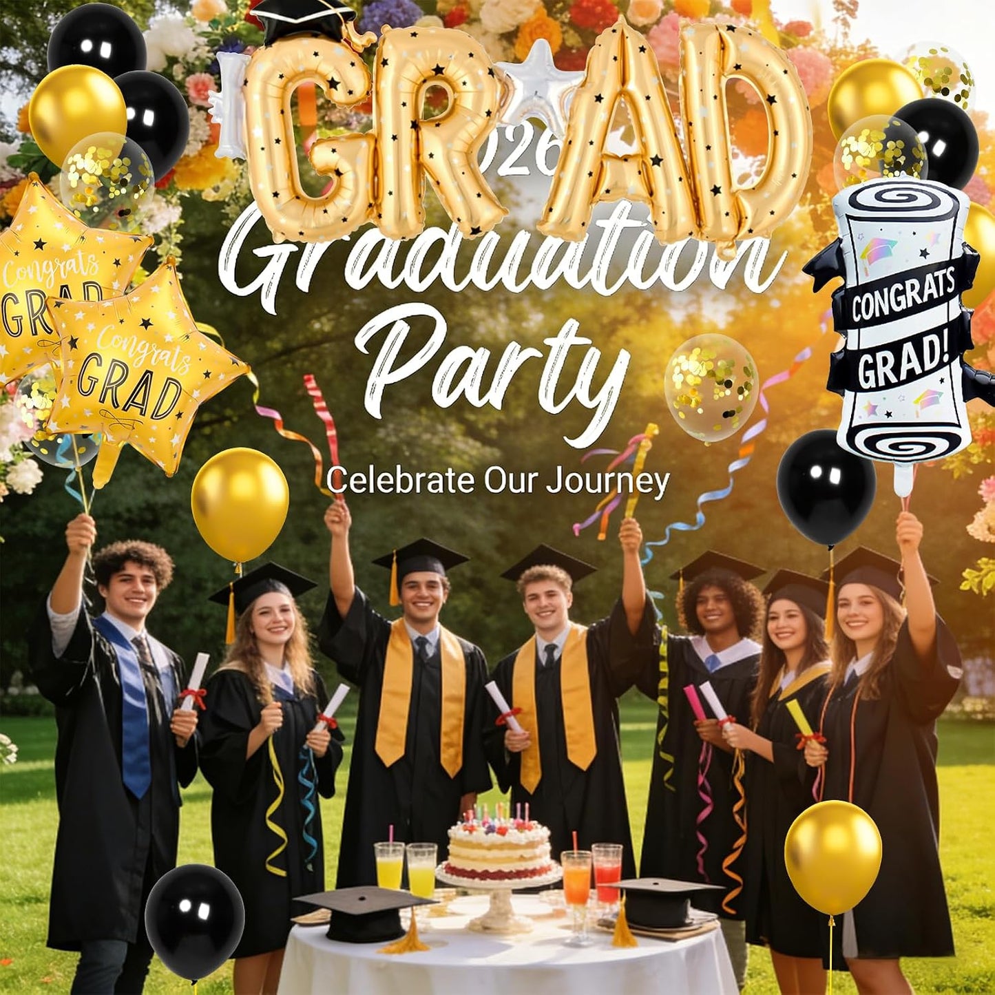 Graduation Balloons Congrats Grad Balloons Gold and Black Balloon for 5th Grade Graduation Decorations Grad Party Decorations 2026 BST326L