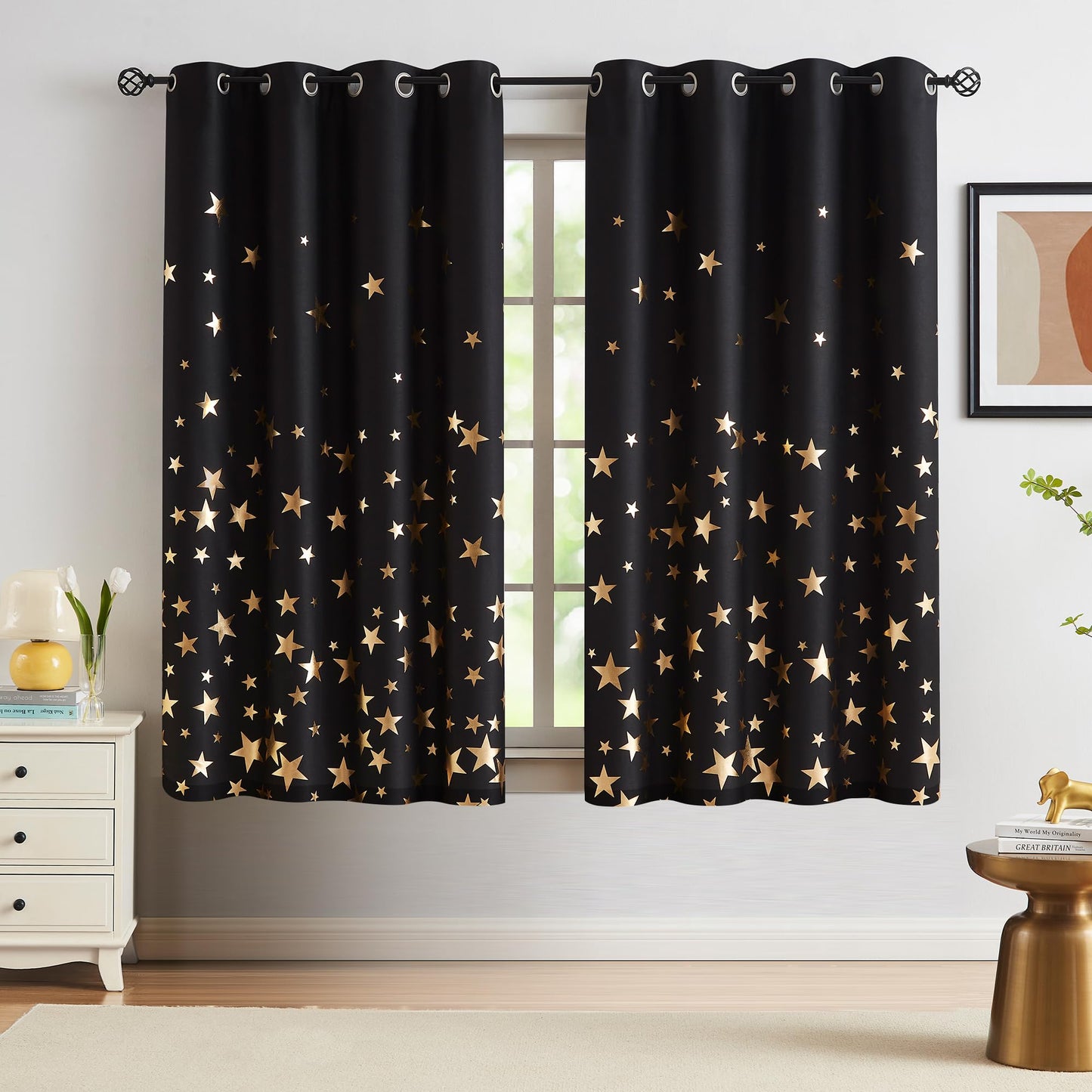 Treatmentex Gold Star Black Full Blackout Curtains for Boys Bedroom, Metallic Window Panels for Baby Nursery Room Grommet Top 2 pcs(Black Gold, 50x63in) BST202