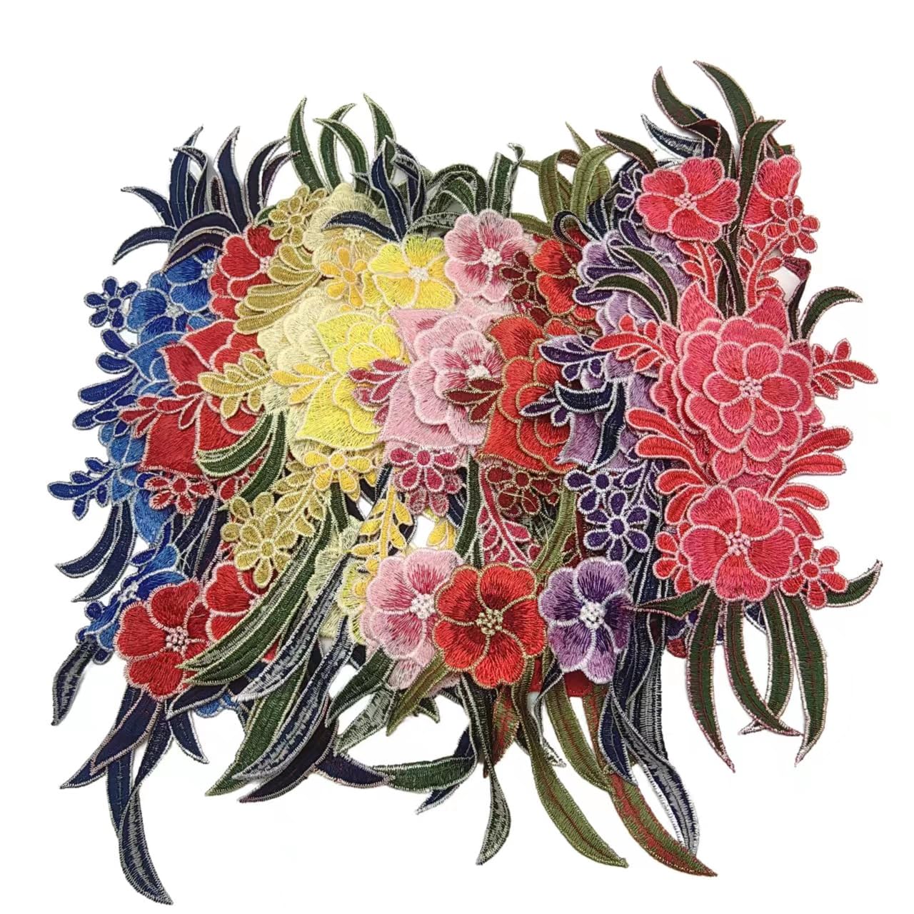 1Pair Red Blue Embroidery Lace Flower Fabric Applique Sew on Patches Embroidery Sewing Craft Decoration32.1x11.7cm BST220