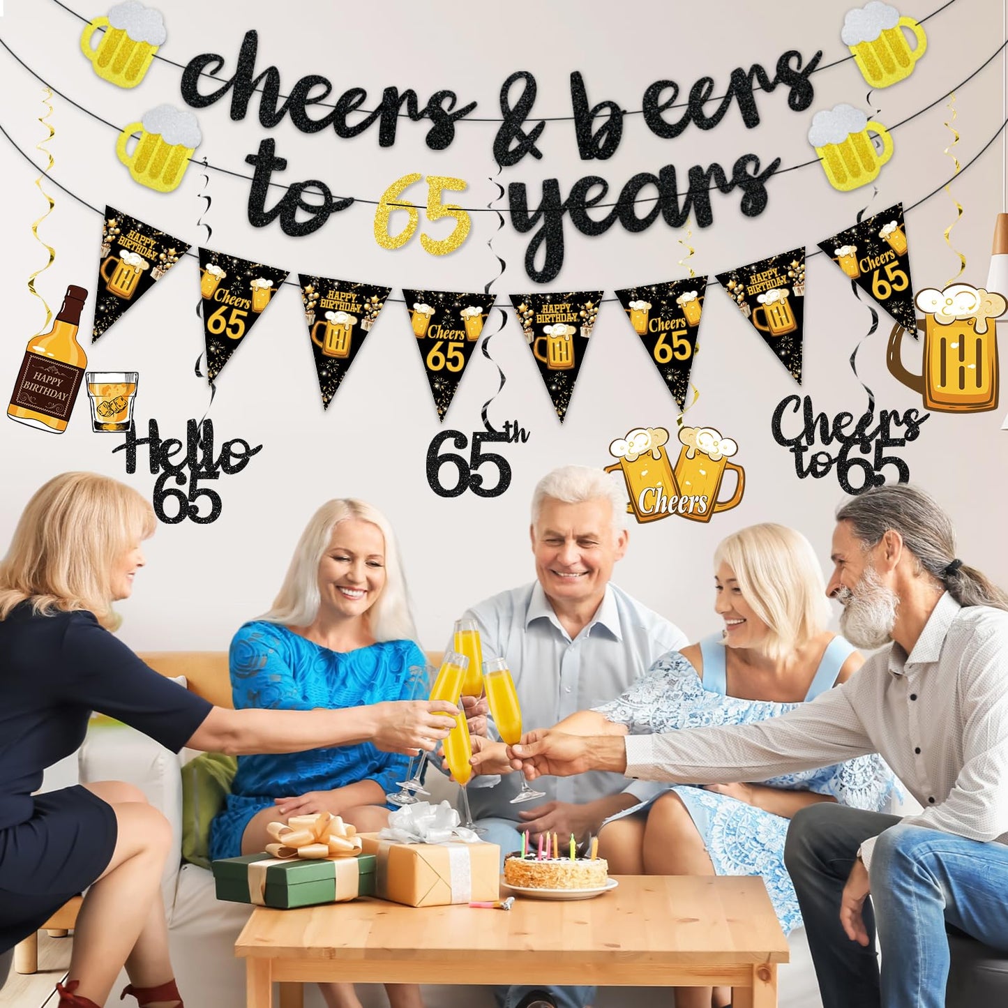 Black Gold 90th Birthday Decorations for Men Women, Glitter Pre-Strung Cheers to 90 Years Banner Hello 90 Hanging Swirls Paper Triangle Flag Banner Decorations Bday Party Supplies Kit WN420