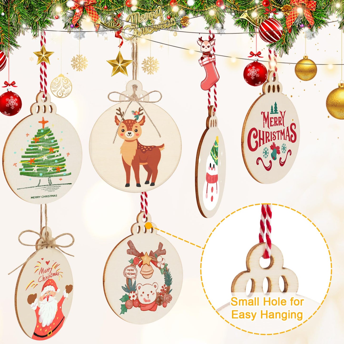 Philorn 50pcs Wooden Ornaments for Crafts 3.5" Unfinished DIY Wooden Ornaments, Predrilled Wood Slices Circles for Crafts Paint Holiday Hanging Decorations