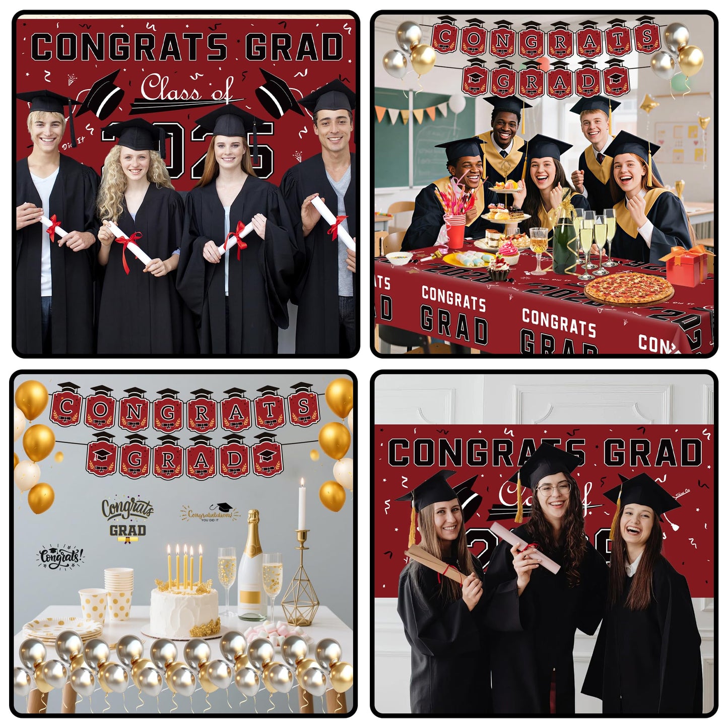 Graduation Decorations 2026 2027 - Red Congrats Grad Banner Backdrop Tablecloth Set - Graduation Decorations Class of 2026 | Graduation Party Favors Supplies WN420